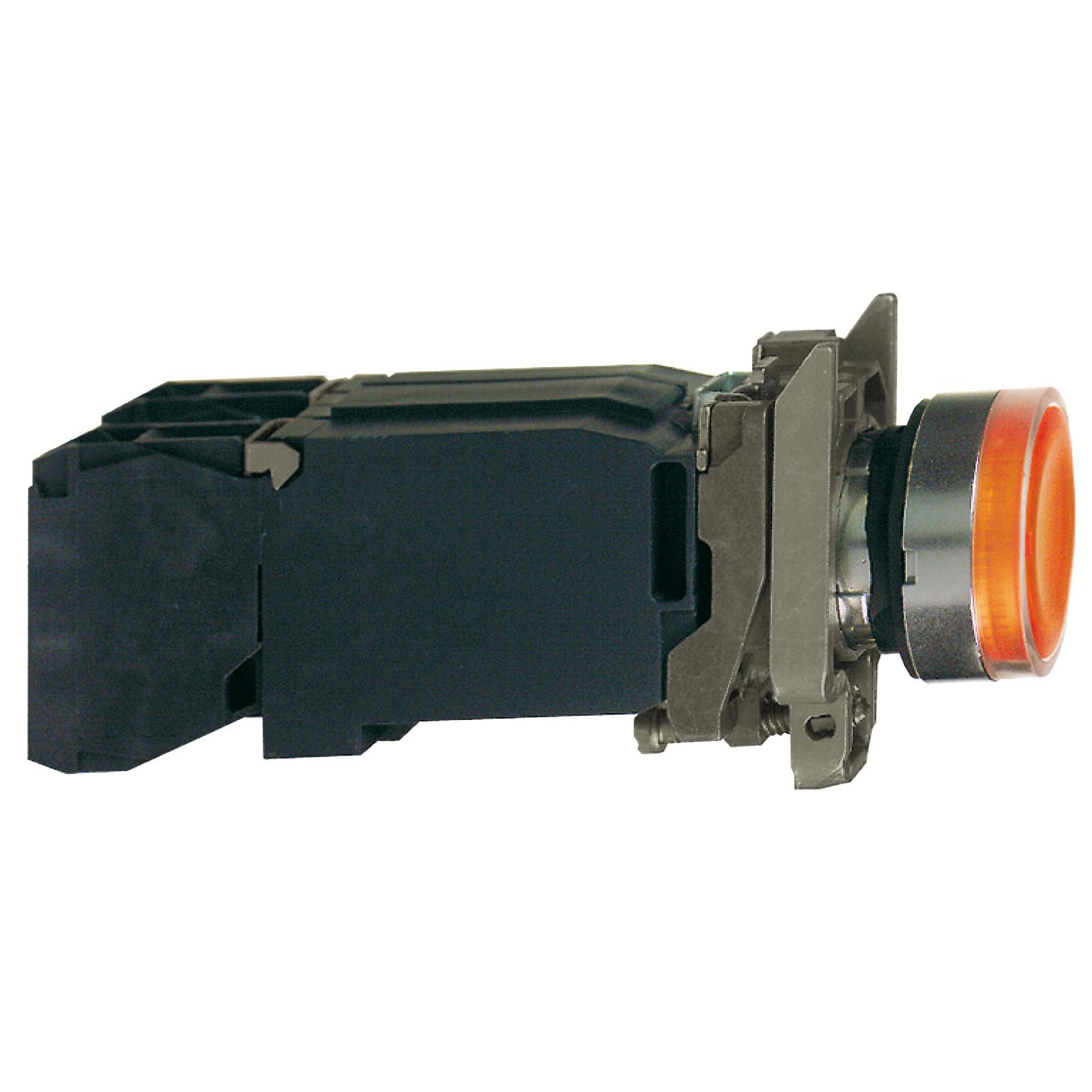Illuminated push button, Harmony XB4, orange flush complete illum pushbutton Ø22 mm spring return 1NO+1NC 220...240 V