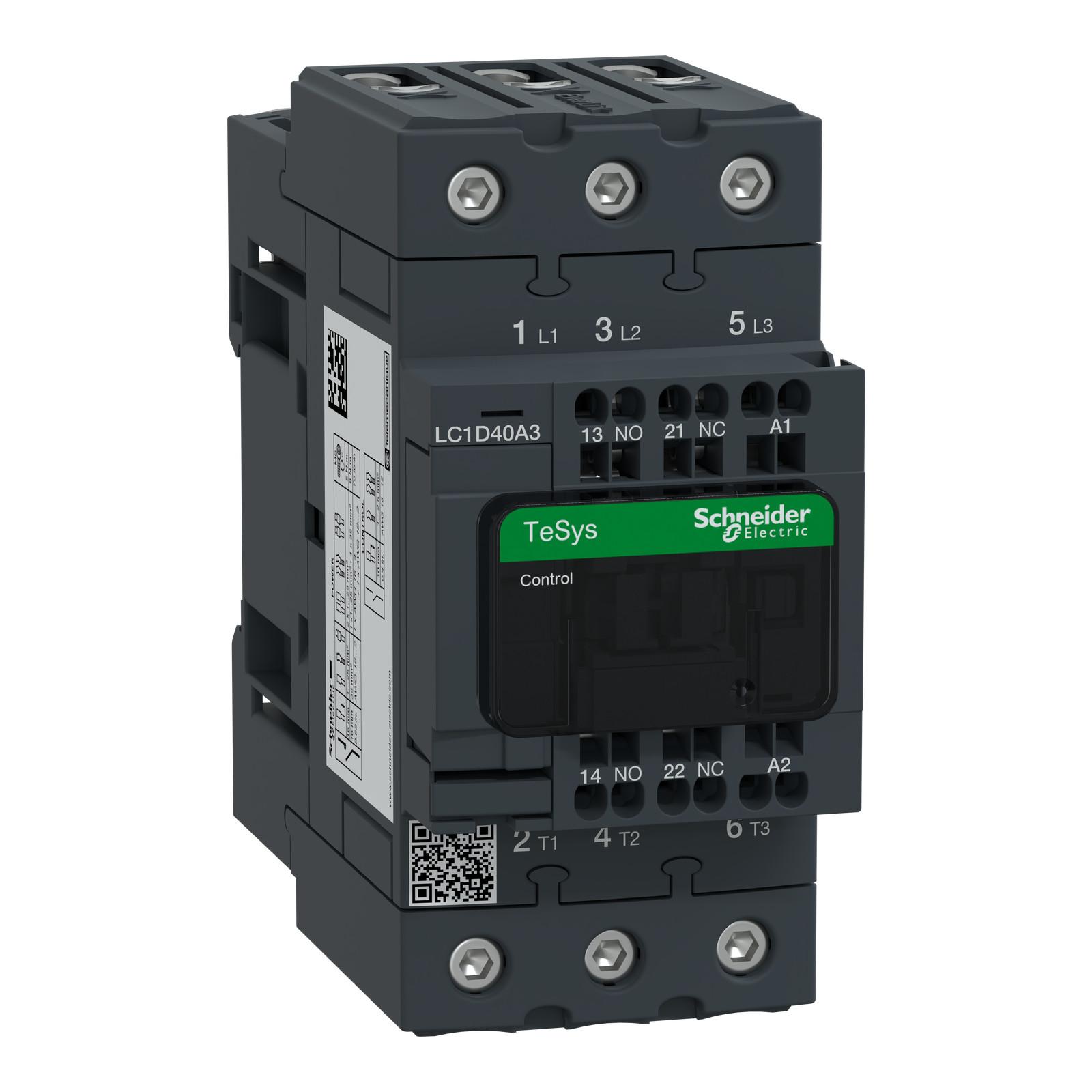 IEC contactor, TeSys Deca, nonreversing, 40A, 30HP at 480VAC, 3 phase, 3 pole, 3 NO, 220VAC 50/60Hz coil, open style