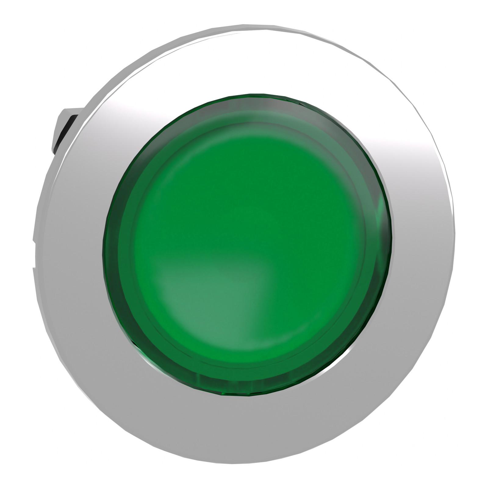 Head for illuminated push button, Harmony XB4, metal, green flush mounted, 30mm, universal LED, for legend of insertion
