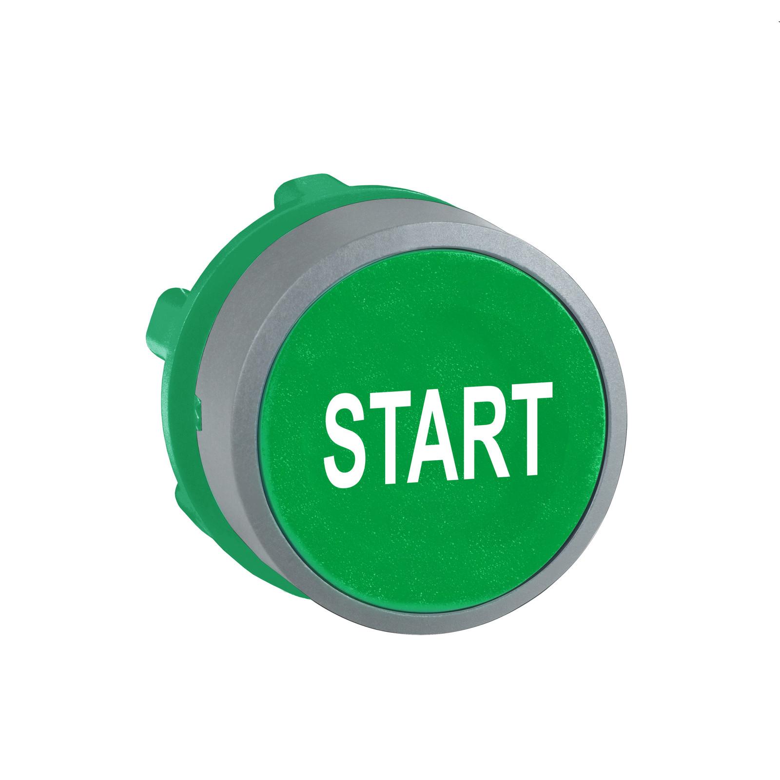 Push button head, Harmony XB5, plastic, flush, green, 22mm, spring return, marked START, grey bezel