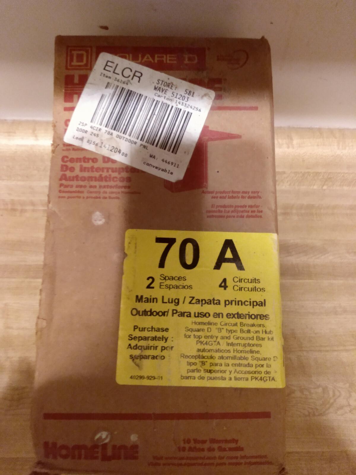 Load center, Homeline, 1 phase, 2 spaces, 4 circuits, 70A fixed main lugs, NEMA3R