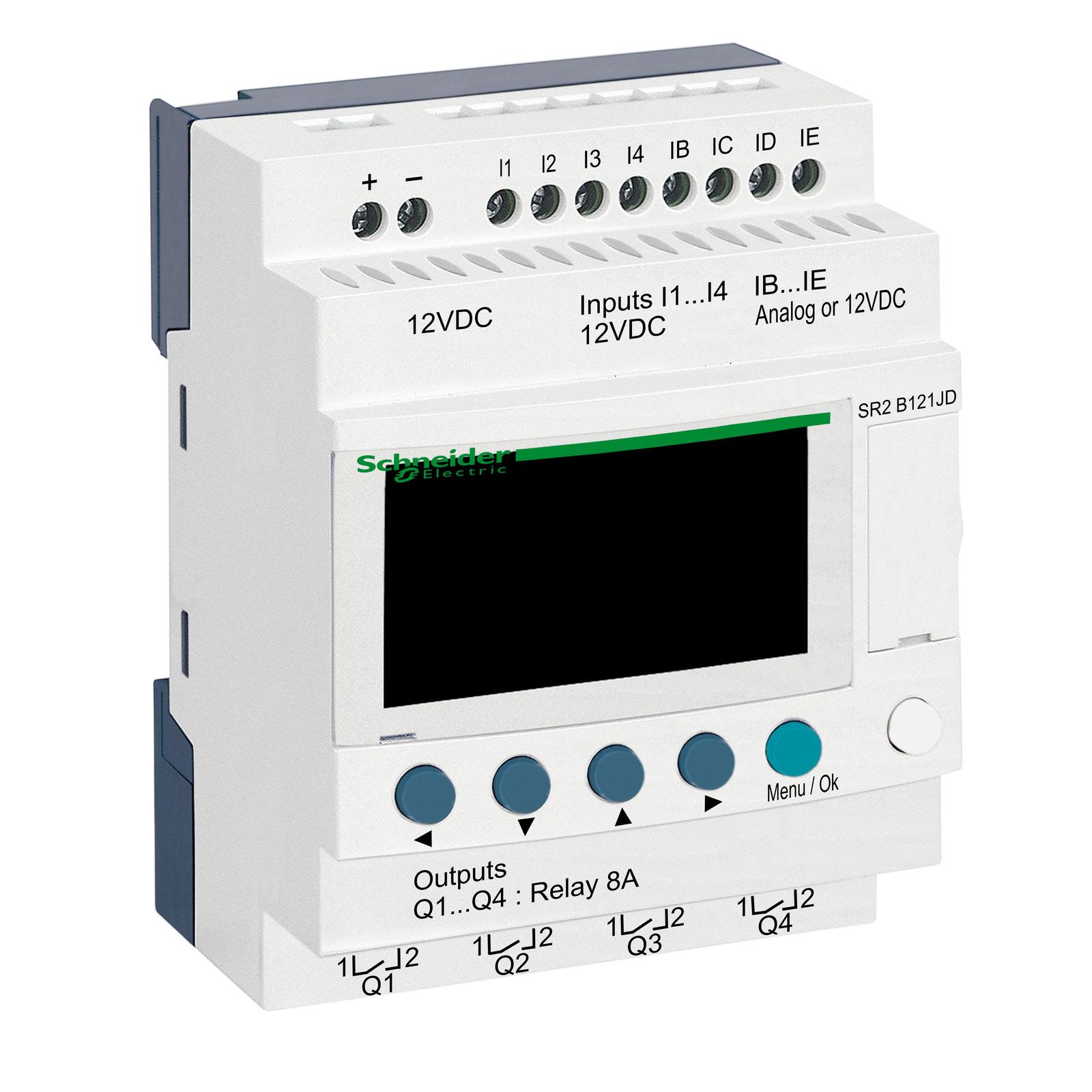 compact smart relay, Zelio Logic SR2 SR3, 12 IO, 12V DC, clock, display