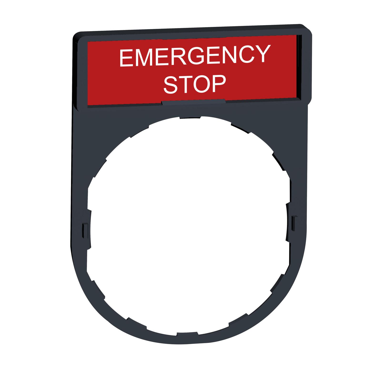 Harmony, 22mm Push Button, legend holder 30 x 40 mm, with legend 8 x 27 mm, marked EMERGENCY STOP