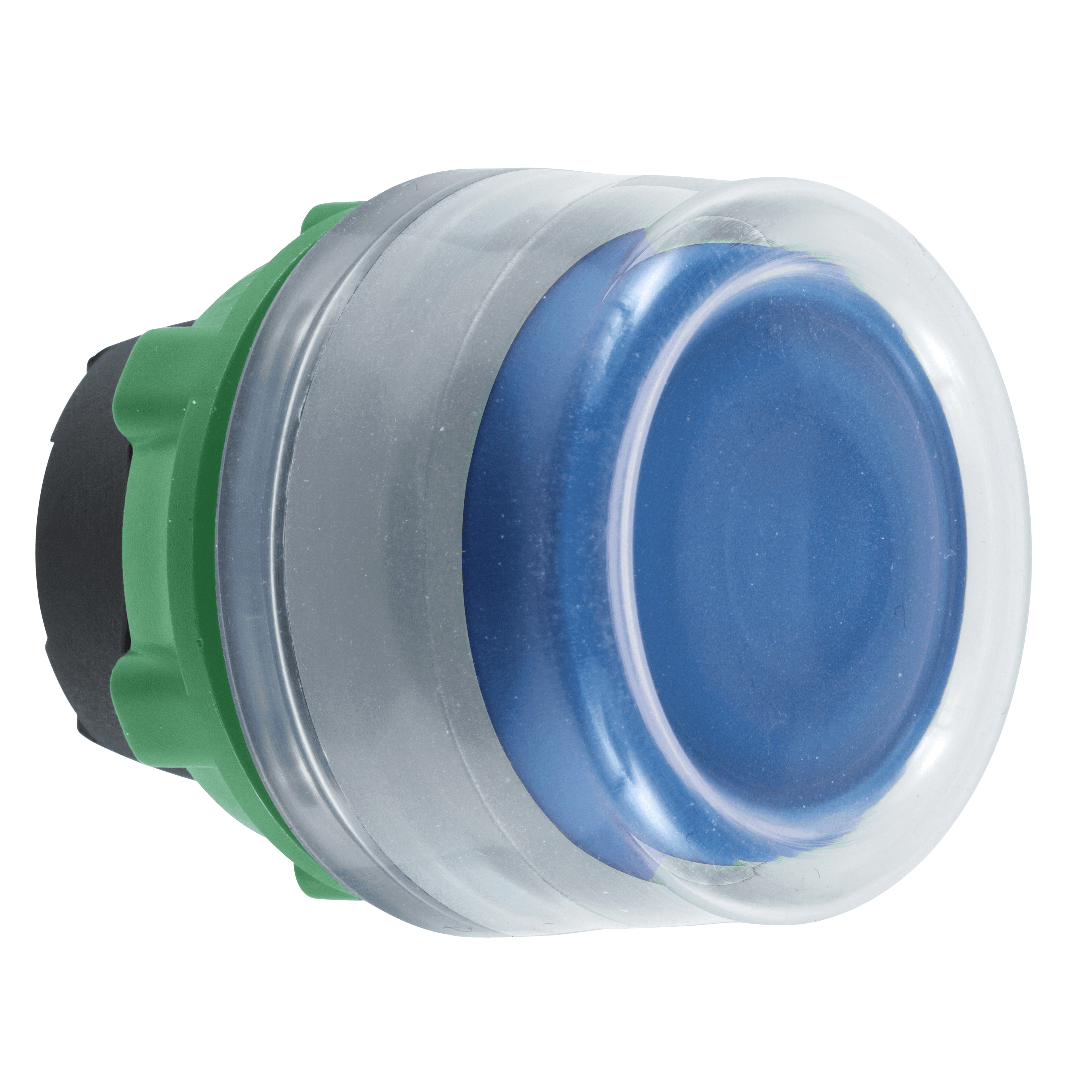 Push button head, Harmony XB5, plastic, flush, blue, 22mm, spring return, clear boot, unmarked, grey bezel