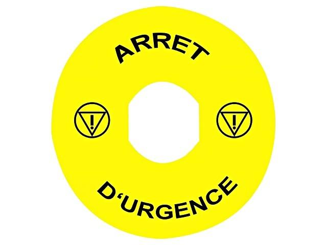 Marked legend, Harmony XB4, plastic, yellow, 90mm, for emergency stop, marked ARRET D'URGENCE with logo ISO13850