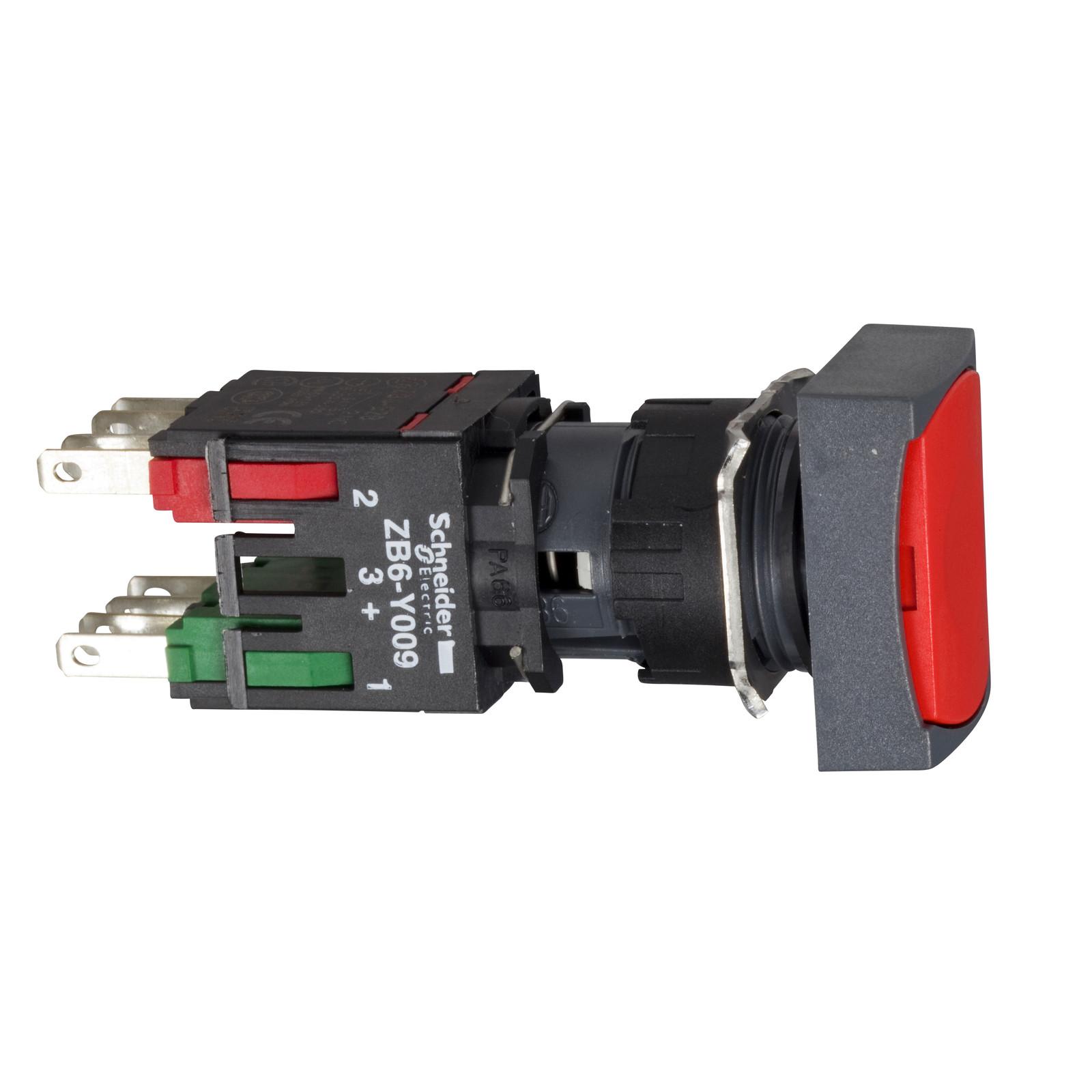 Complete push button, Harmony XB6, red rectangular flush pushbutton, 16mm, spring return, 1NO + 1NC, unmarked