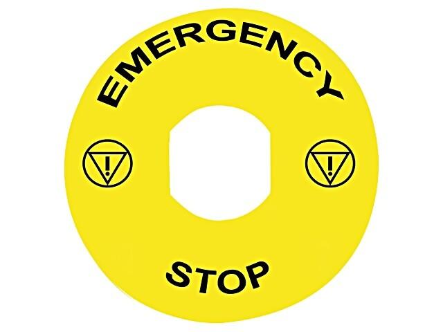 Marked legend, Harmony XB4, plastic, yellow, 90mm, for emergency stop, marked EMERGENCY STOP with logo ISO13851