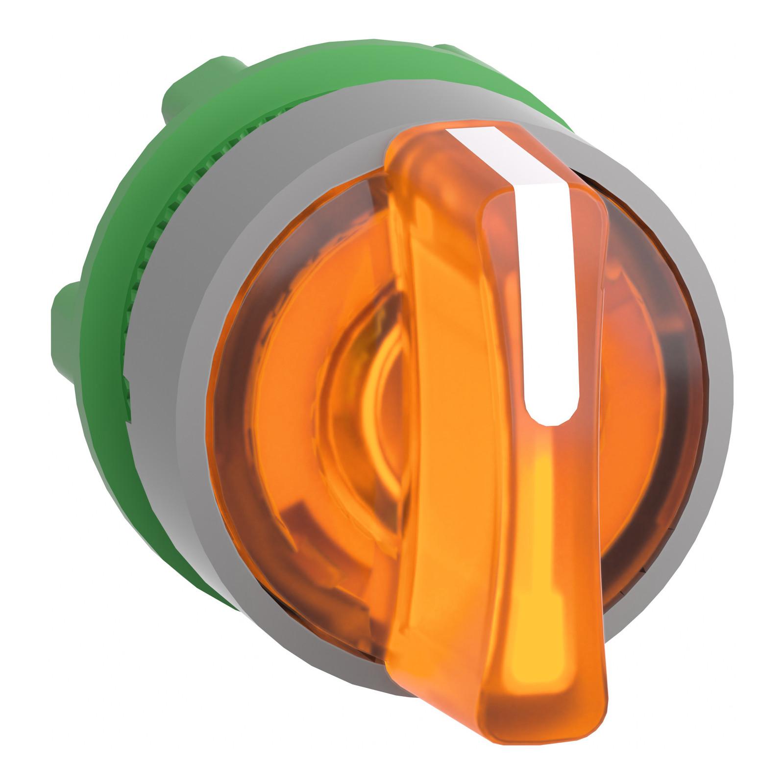 Head for illuminated selector switch, Harmony XB5, grey bezel, orange handle, 22mm, universal LED, 3 positions, right to center