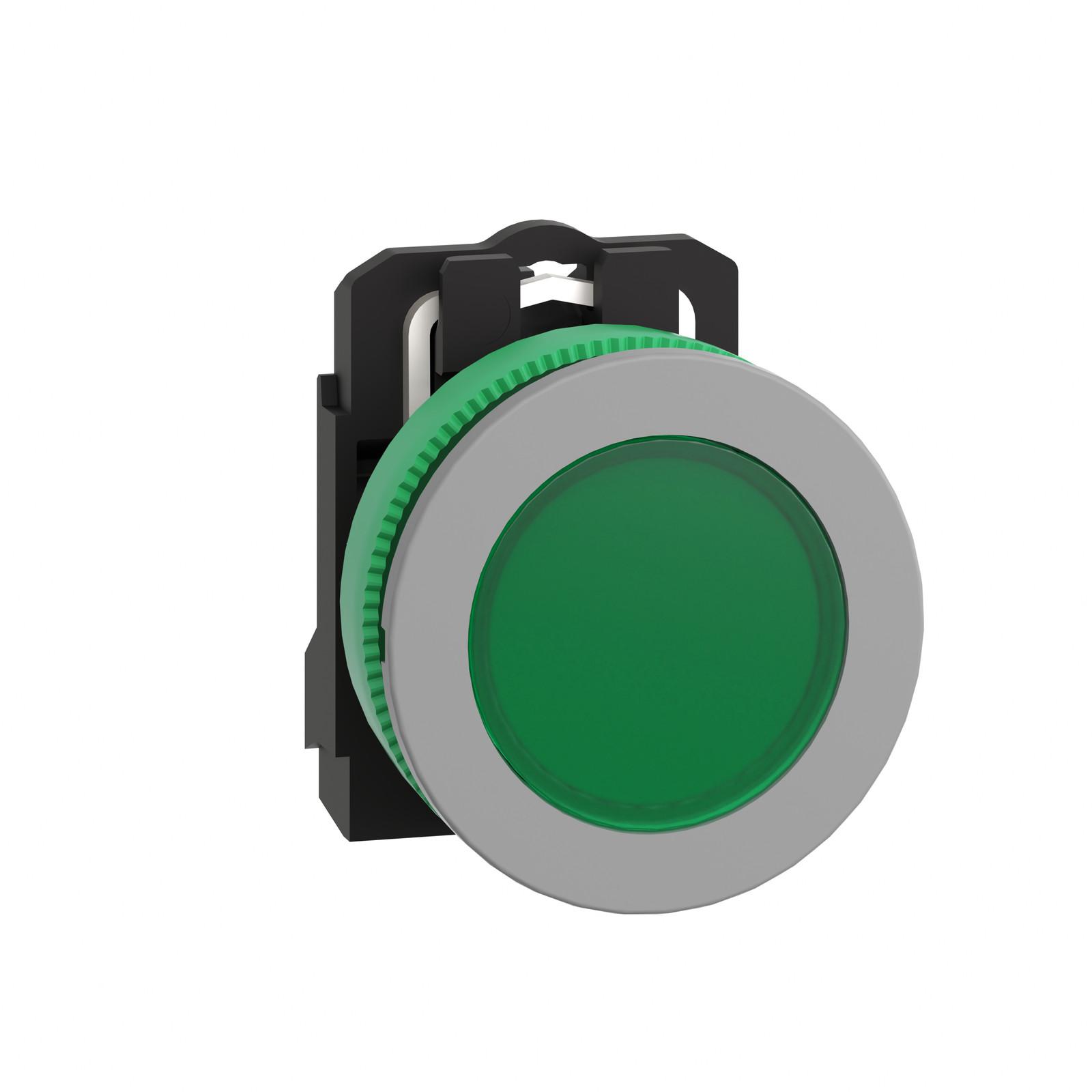 Pilot light, Harmony XB5, grey bezel, green, universal LED, plain lens, screw clamp terminals, 24V