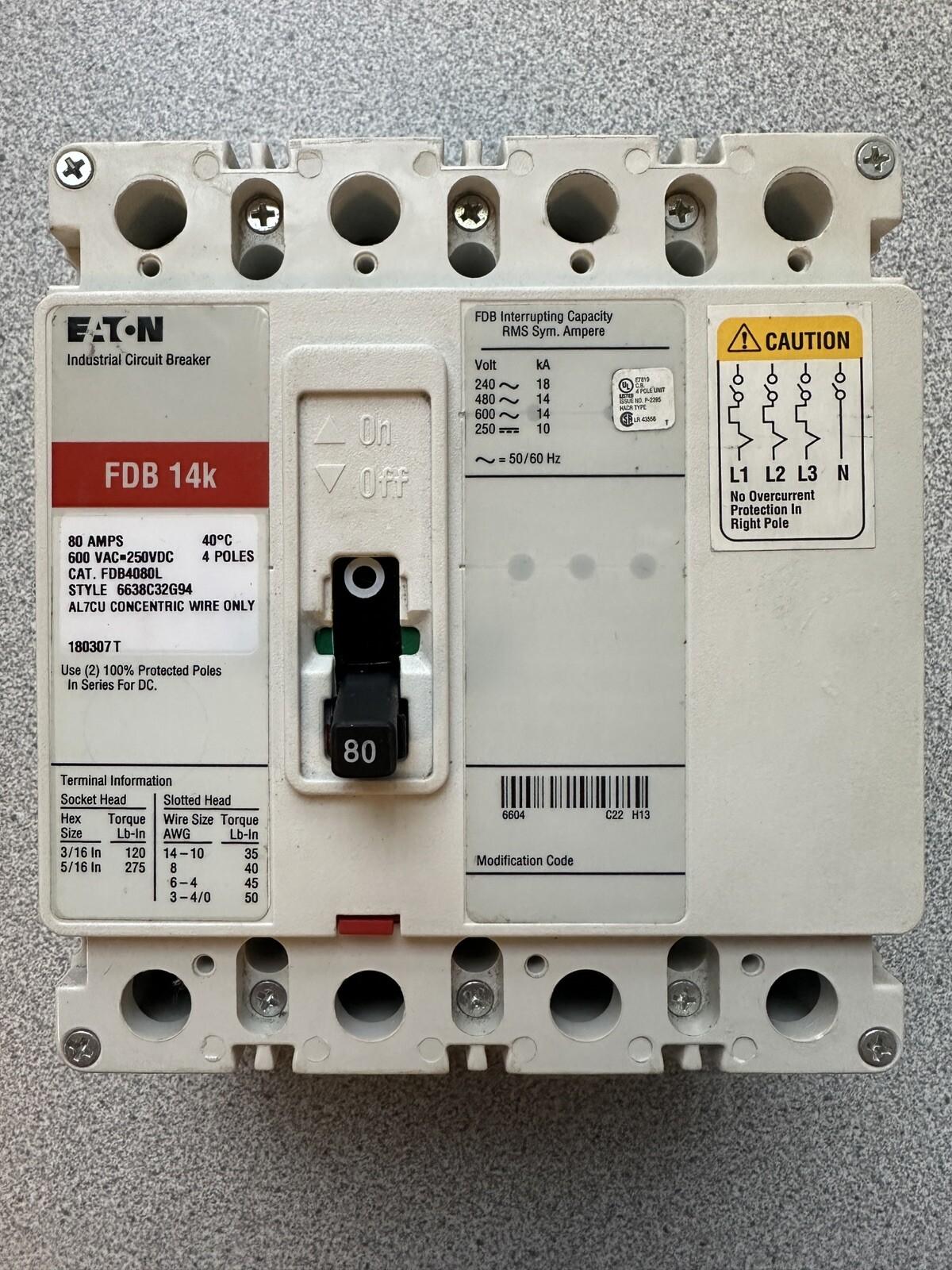 Eaton Series C complete molded case circuit breaker, F-frame, FDB, Complete breaker, Fixed thermal, fixed magnetic trip type, Four-pole, 80A, 600 Vac, 250 Vdc, 18 kAIC at 240 Vac, 14 kAIC at 480 Vac, Line and load, 50/60 Hz