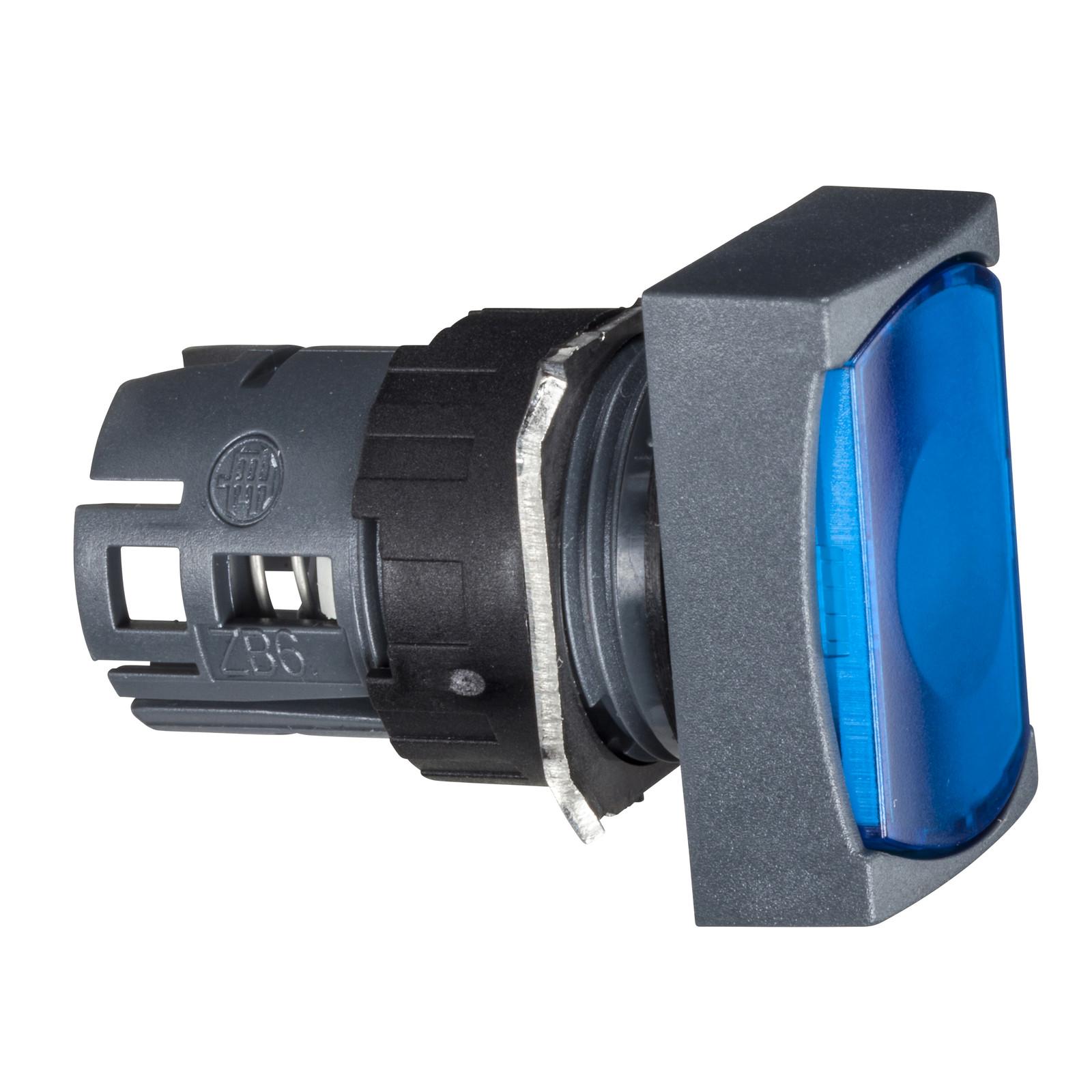 Head for illuminated push button, Harmony XB6, blue rectangular flush, 16mm, integral LED, spring return, 12…24V, unmarked