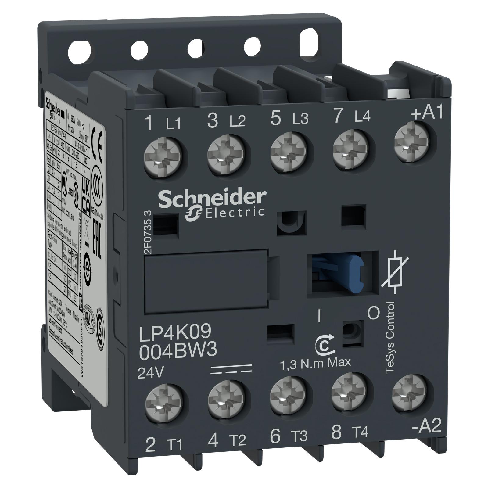 Contactor, TeSys K, 4P, 4 NO, AC-1, lt or eq to 440V, 20A, 24VDC coil