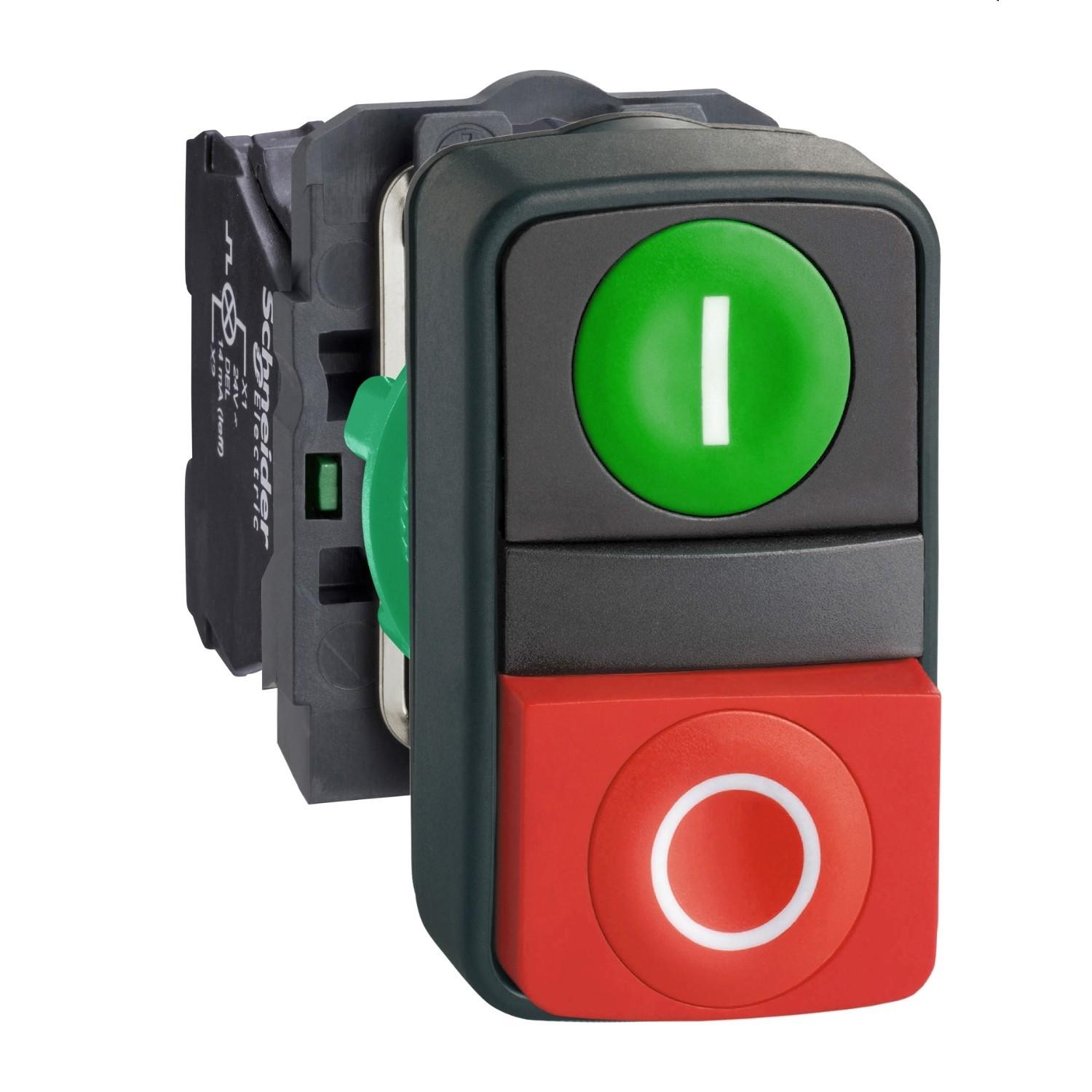 Double headed push button, Harmony XB5, plastic, 22mm, 1 green flush marked I + 1 red projecting marked O, 1NO+1NC