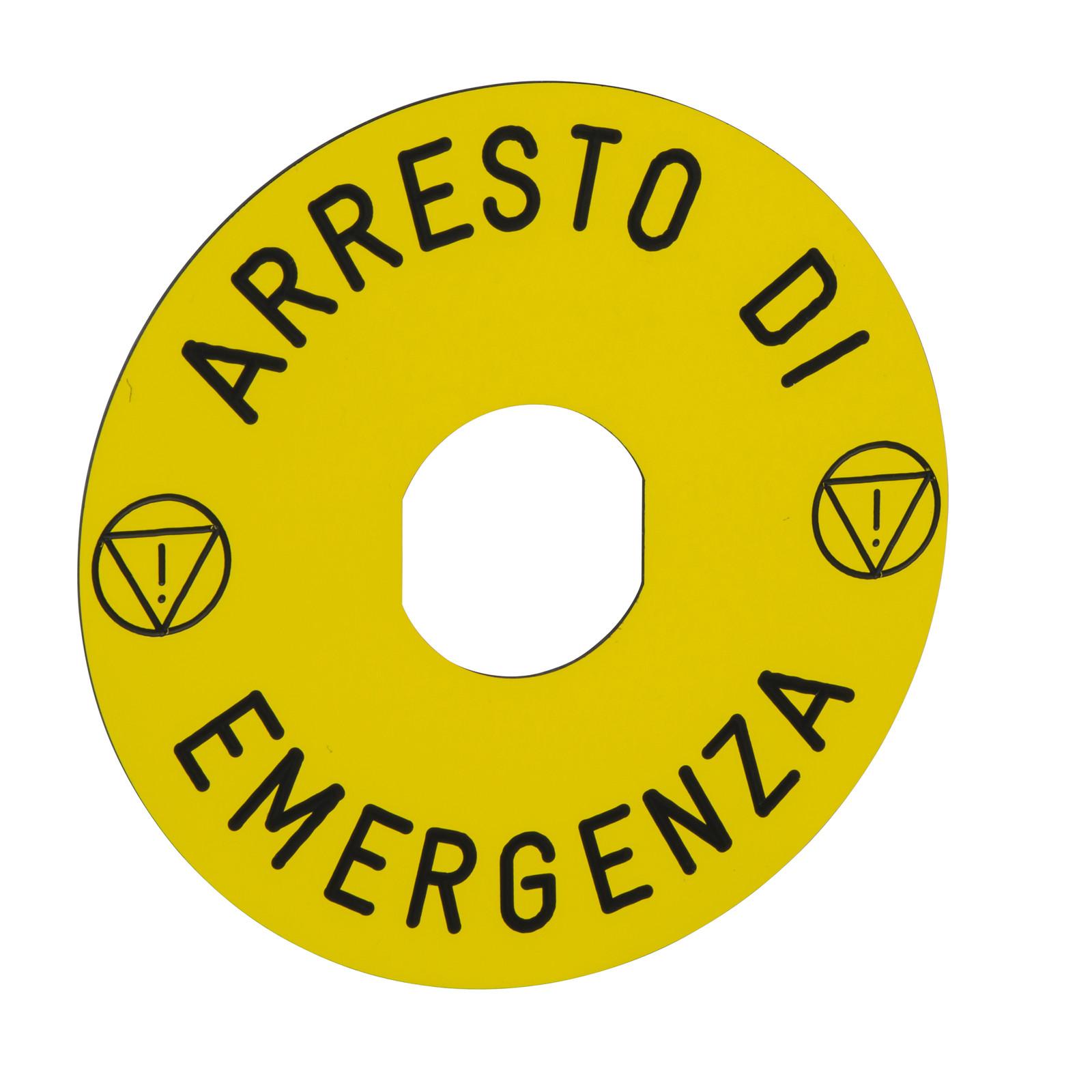Marked legend, Harmony XB4, Harmony XB5, yellow, 90mm, for emergency stop, marked ARRESTO DE EMERGENZA/logo ISO13850