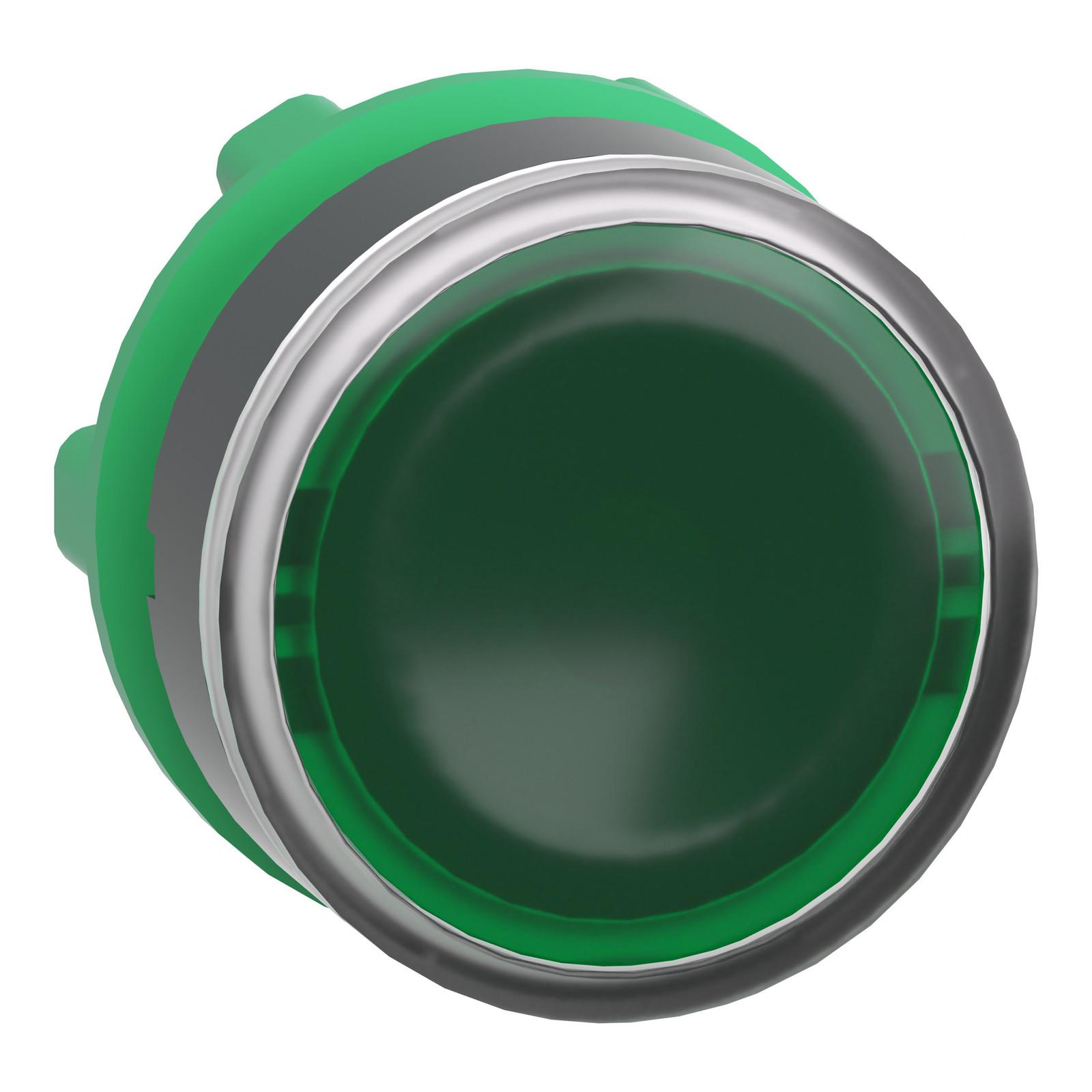Head for illuminated push button, Harmony XB5, plastic, green flush, 22mm, universal LED, push push, unmarked