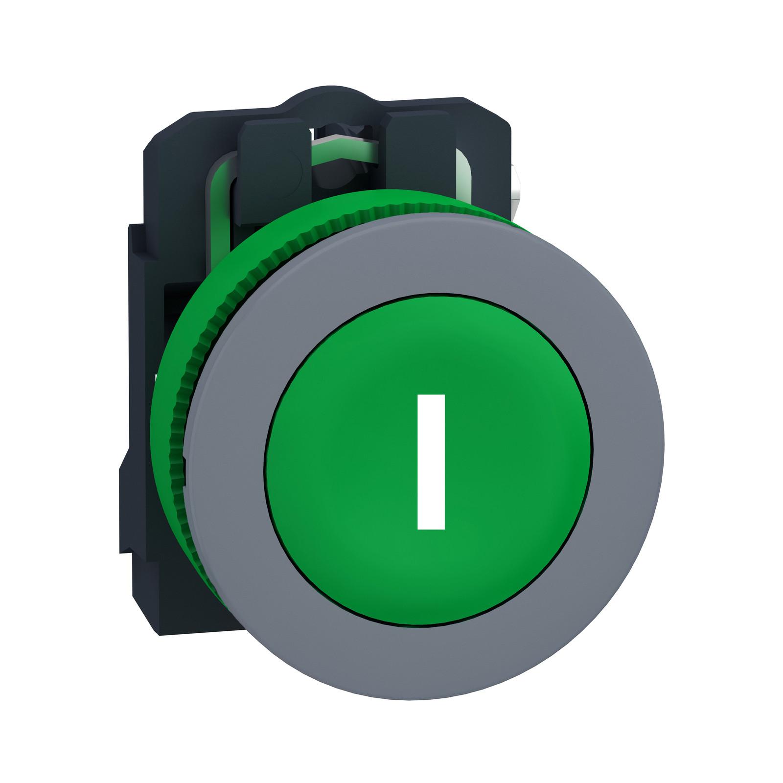 Push button, Harmony XB5, antimicrobial, grey bezel, green flush, 30mm, spring return, 1NO, marked I