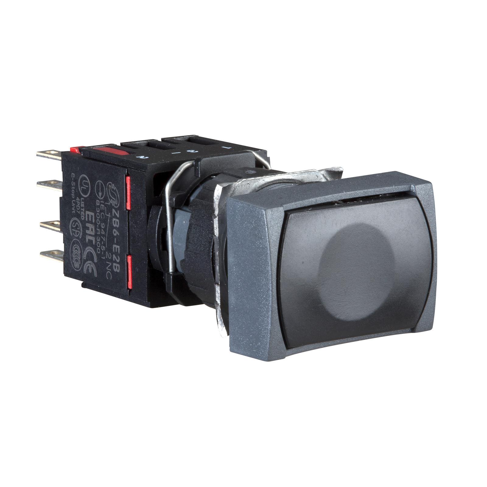 Complete push button, Harmony XB6, black rectangular flush pushbutton, 16mm, spring return, 1NC, unmarked