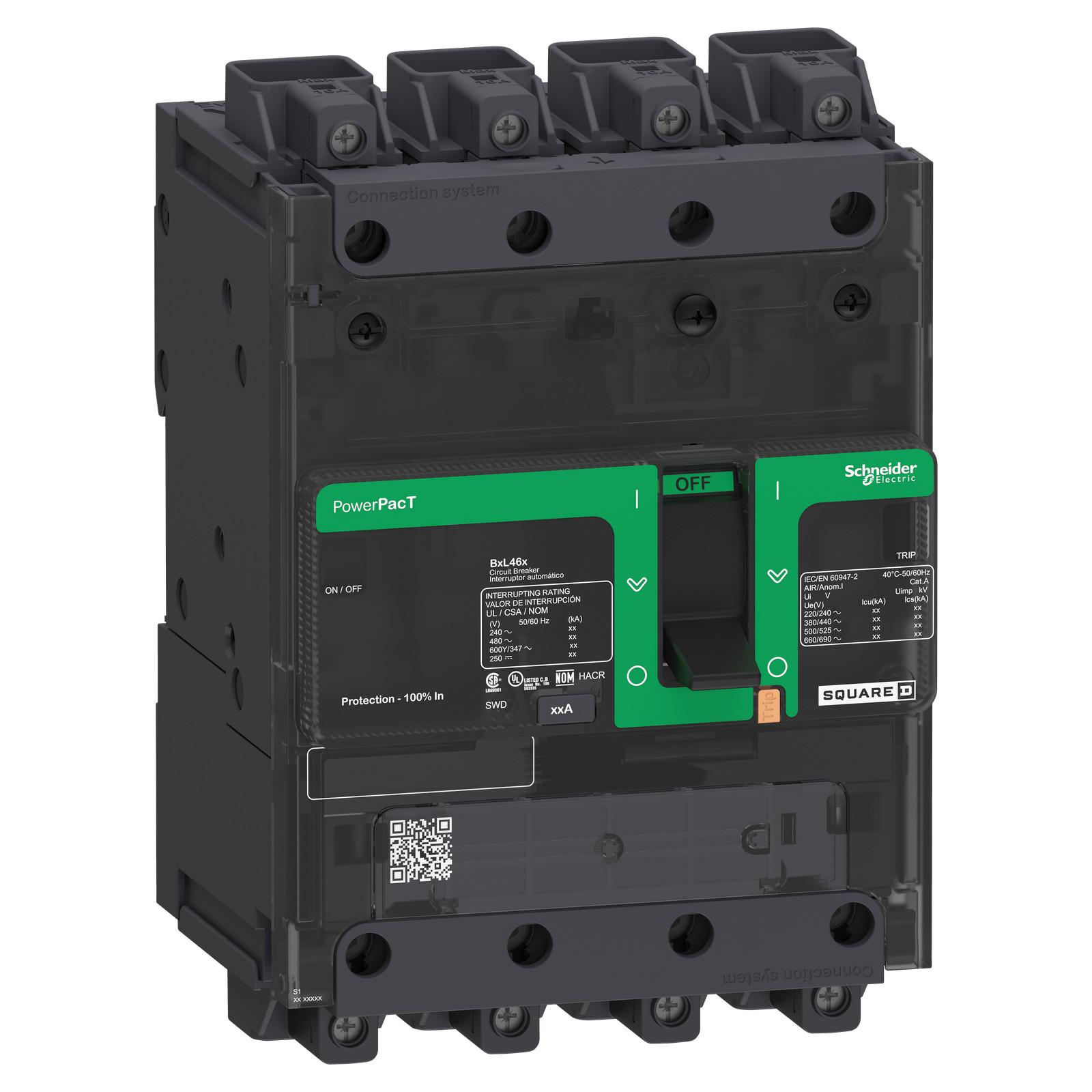 Circuit breaker, PowerPacT B, 30A, 4 pole, 600Y/347VAC, 18kA, lugs, thermal magnetic, 80%, control wire ON end