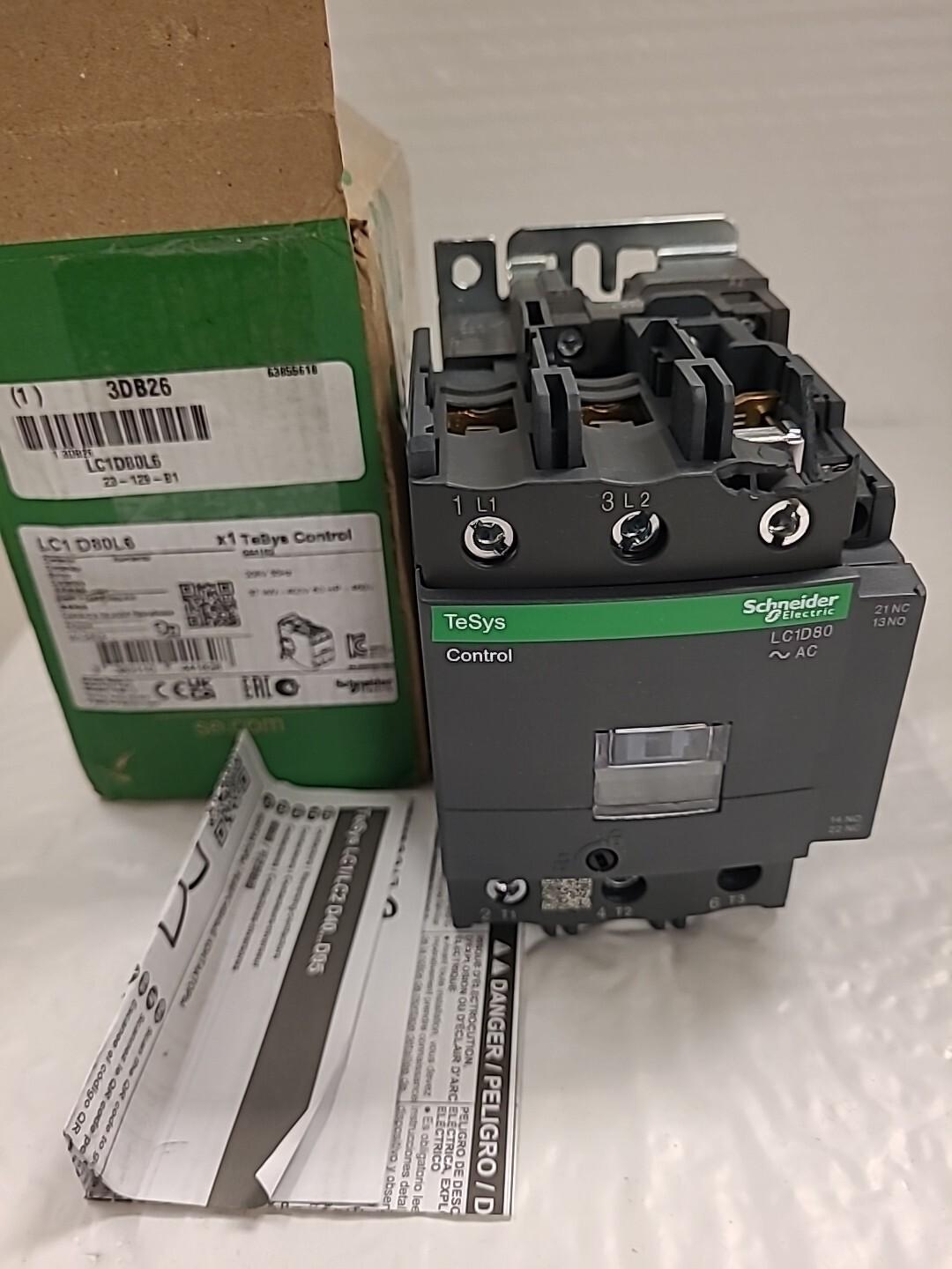 IEC contactor, TeSys Deca, nonreversing, 80A, 60HP at 480VAC, up to 100kA SCCR, 3 phase, 3 NO, 200VAC 60Hz coil, open style
