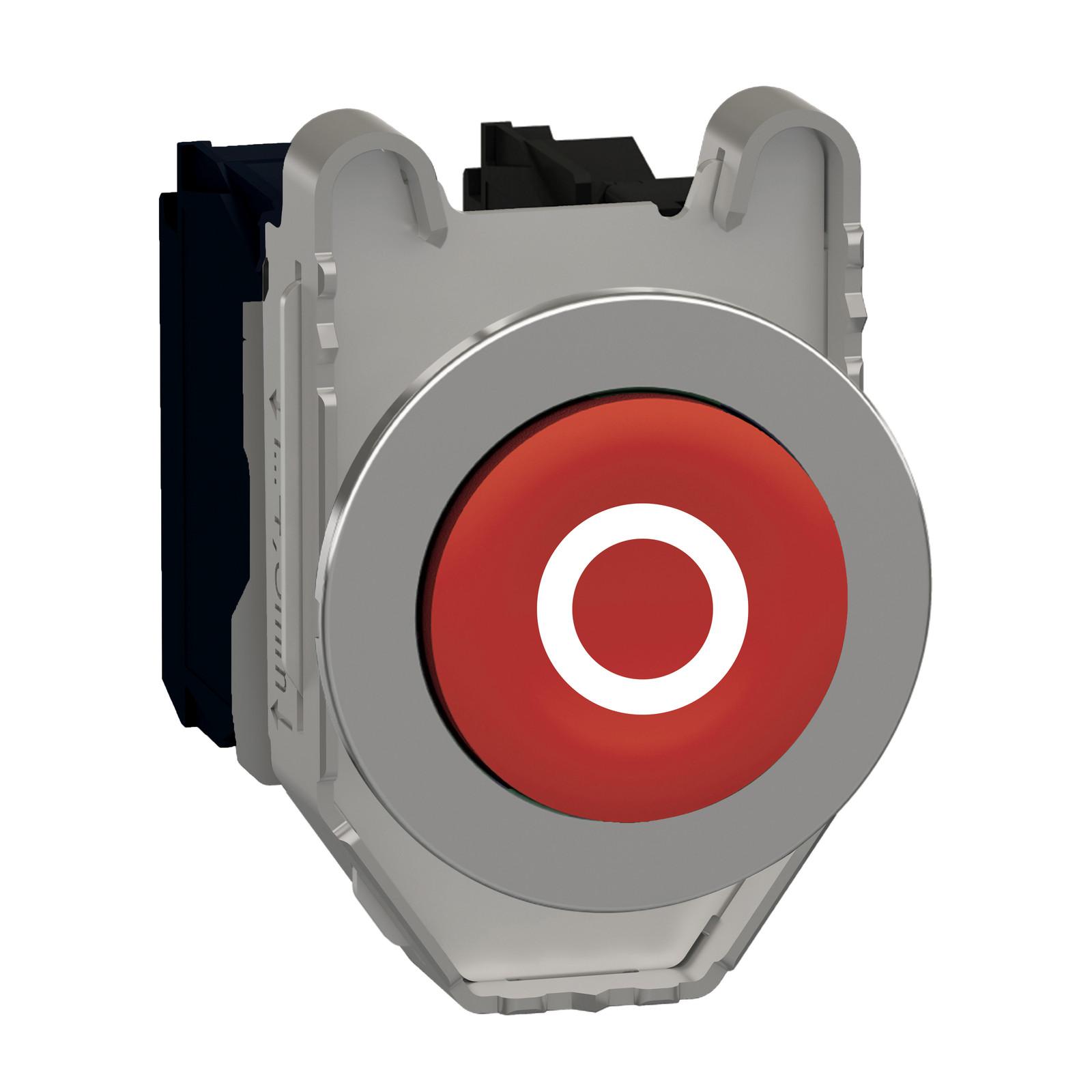 Push button flush mounted, Harmony XB4, metal, projecting, red, 30mm, spring return, marked O, 1NO+1NC