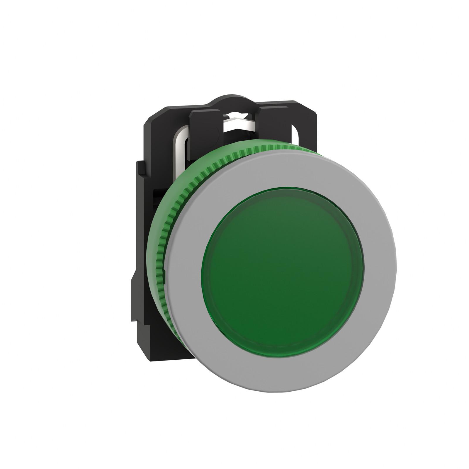 Pilot light, Harmony XB5, green flush mounted, grey bezel, 30mm, universal LED, plain lens, 230…240V
