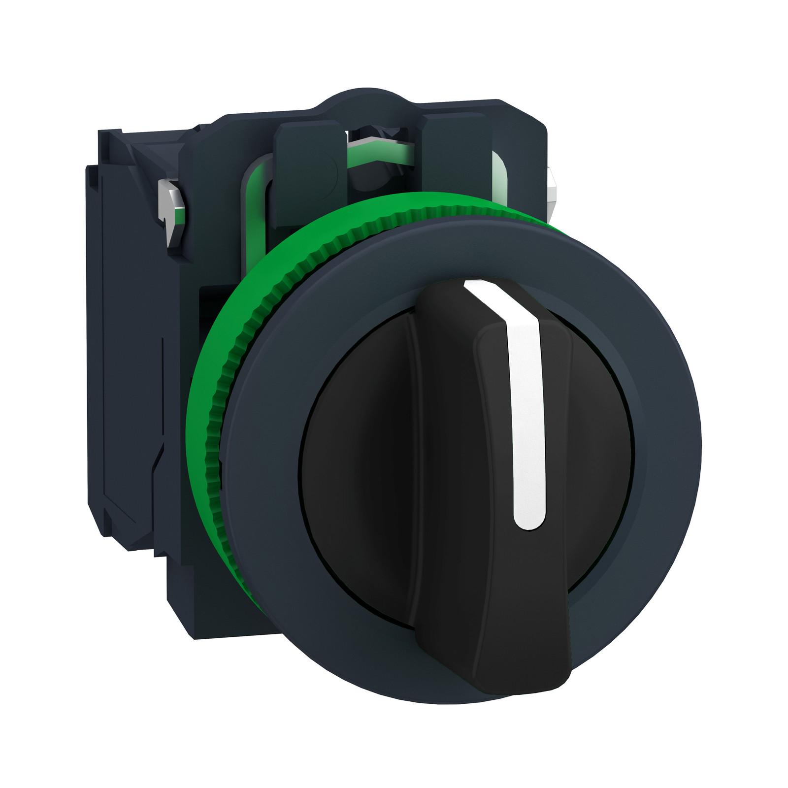 Selector switch, Harmony XB5, Antimicrobial, flush mounted, plastic, black, 30mm, 3 positions, spring return to center, 2NO