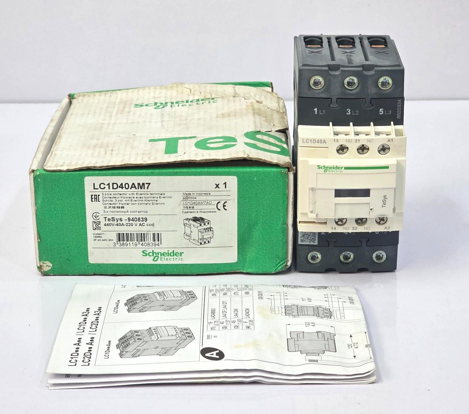 IEC contactor, TeSys Deca, nonreversing, 40A, 30HP at 480VAC, up to 100kA SCCR, 3 phase, 3 NO, 220VAC 50/60Hz coil, open