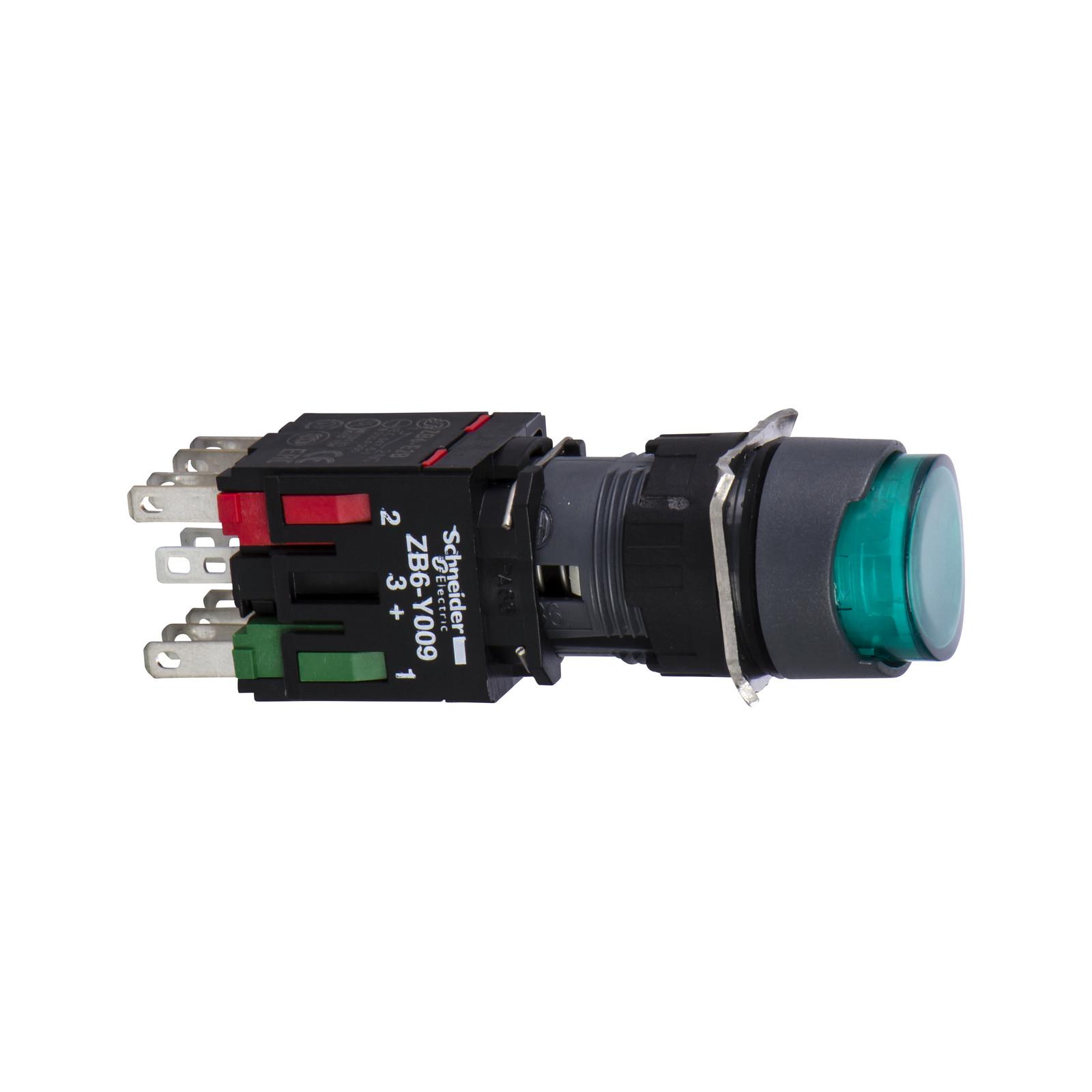 Complete illuminated push button, Harmony XB6, green projecting, 16mm, spring return, 1NO + 1NC, 12...24V