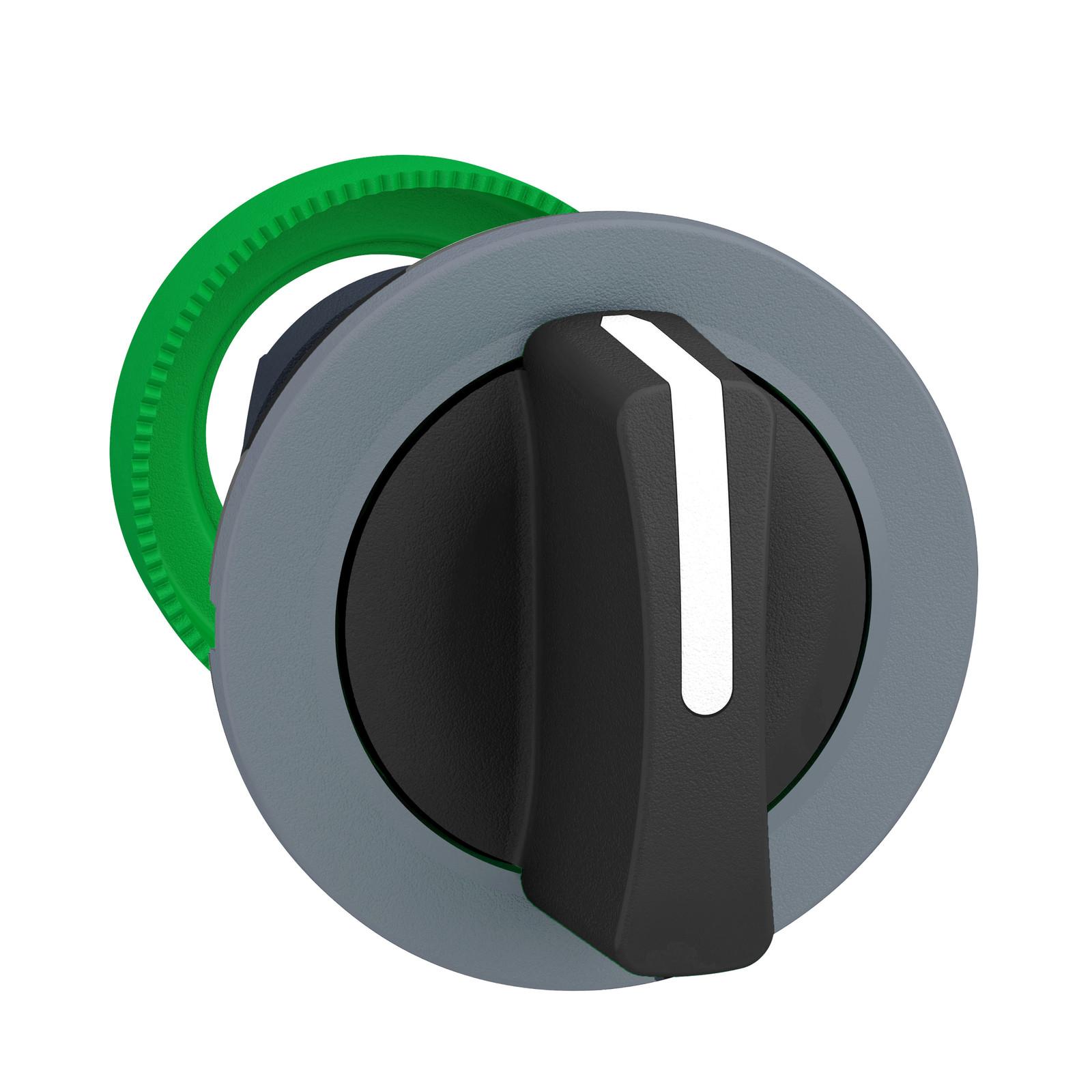Antimicrobial flush mounted selector switch head, Harmony XB5, plastic, black, 30mm, 3 positions, spring return left to center