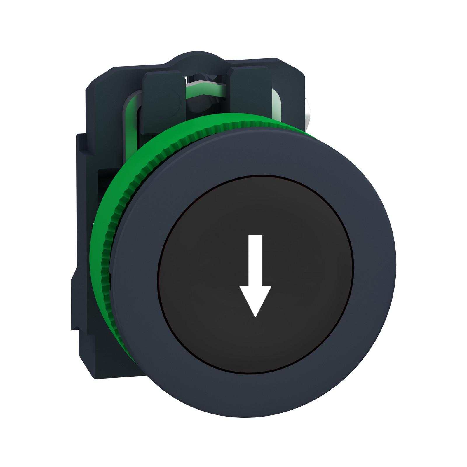 Antimicrobial Push button flush mounted, Harmony XB5, plastic, black, 30mm, spring return, marked DOWN ARROW, 1NO