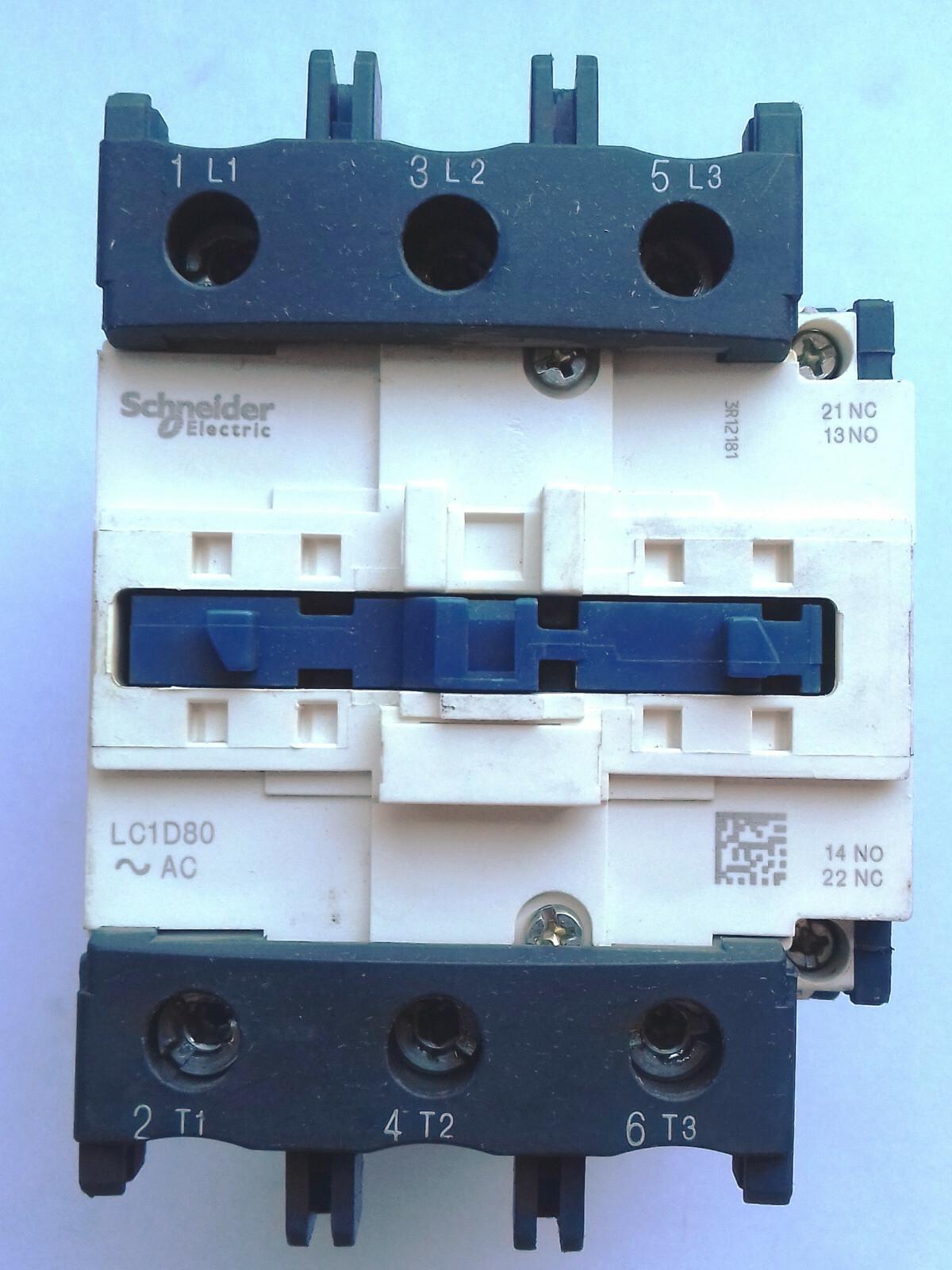 IEC contactor, TeSys Deca, nonreversing, 80A, 60HP at 480VAC, up to 100kA SCCR, 3 phase, 3 NO, 110VAC 50/60Hz coil, open