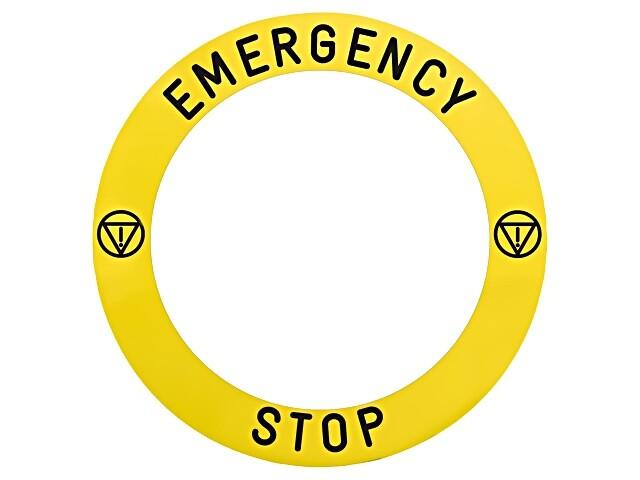 Marked legend, Harmony XB4, Harmony XB5, plate Ø 90 specific for ill. e.stop text EMERGENCY STOP with logo
