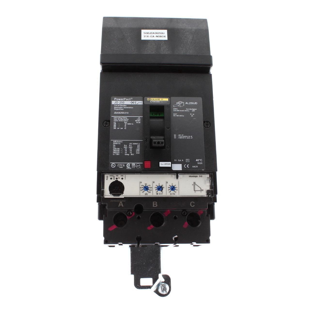 Circuit breaker, PowerPacT J, 250A, 3 pole, 600VAC, 14kA, I-Line, thermal magnetic, 80%, ABC