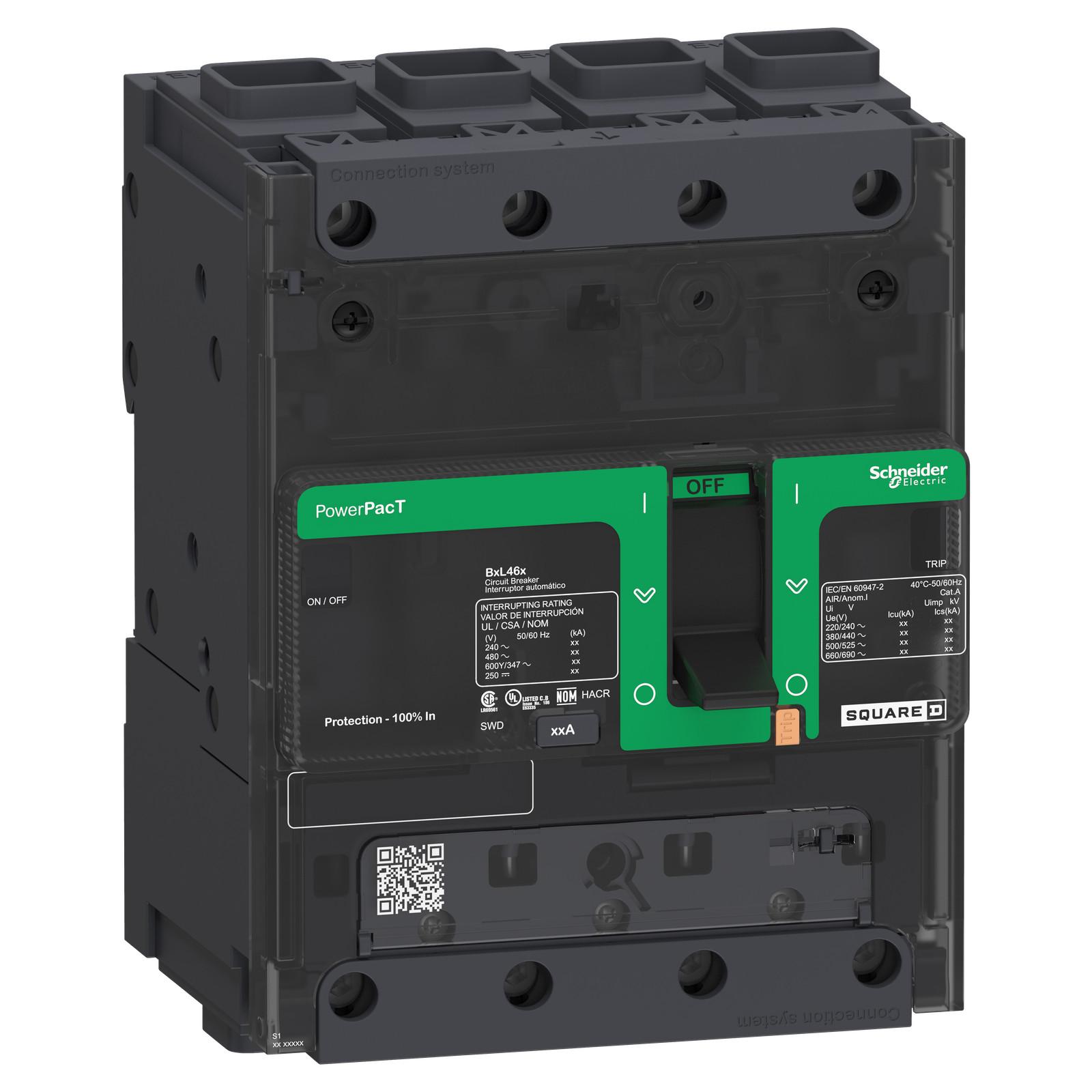 Circuit breaker, PowerPacT B, 15A, 4 pole, 600Y/347VAC, 18kA, terminal nut, thermal magnetic, 80%