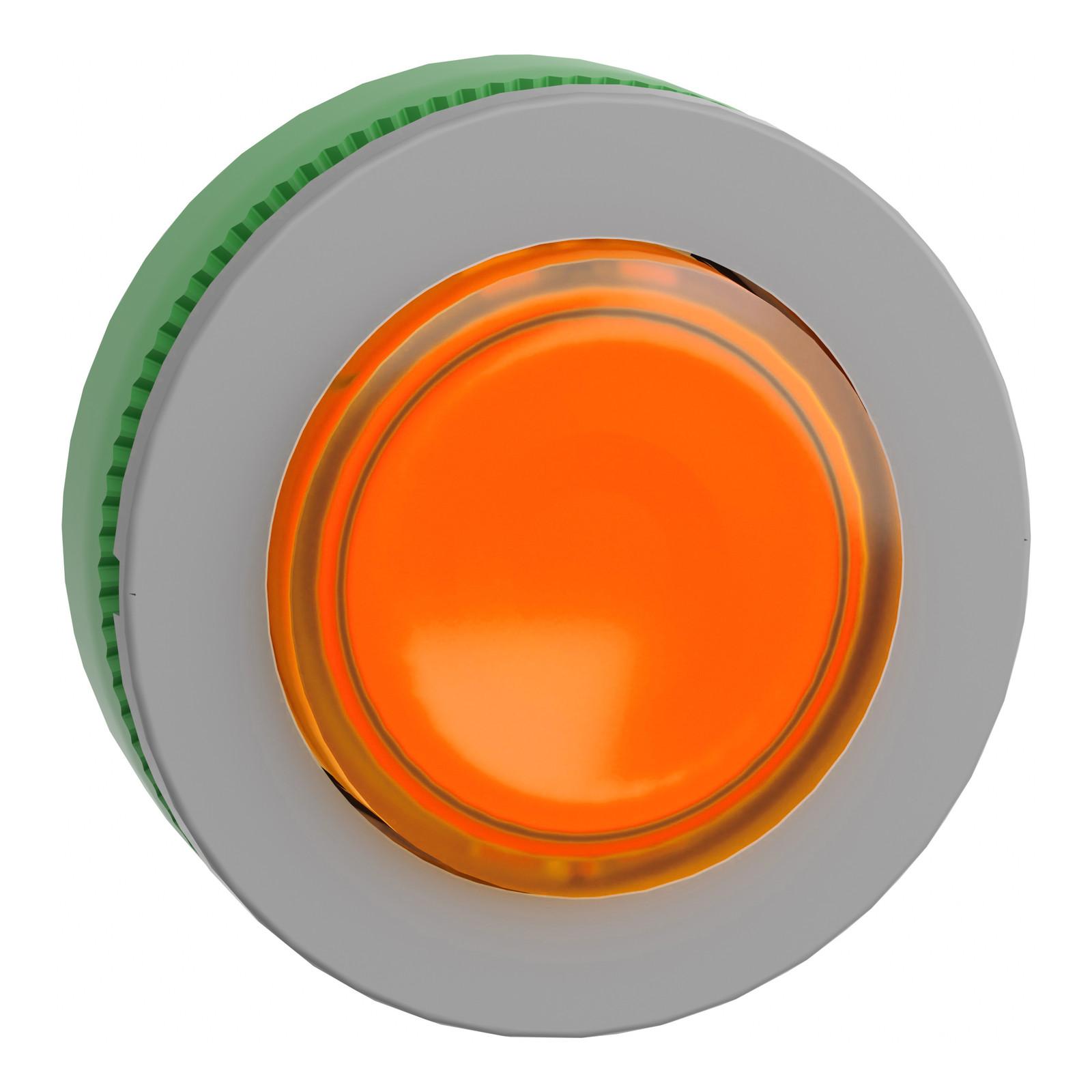 Head for illuminated push button, Harmony XB5, grey bezel, orange projecting, 30mm, universal LED, spring return, unmarked