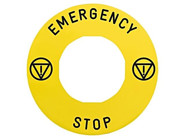 Legend holder 60mm for emergency stop, plastic, Harmony XB4, yellow, for padlocking, marked EMERGENCY STOP