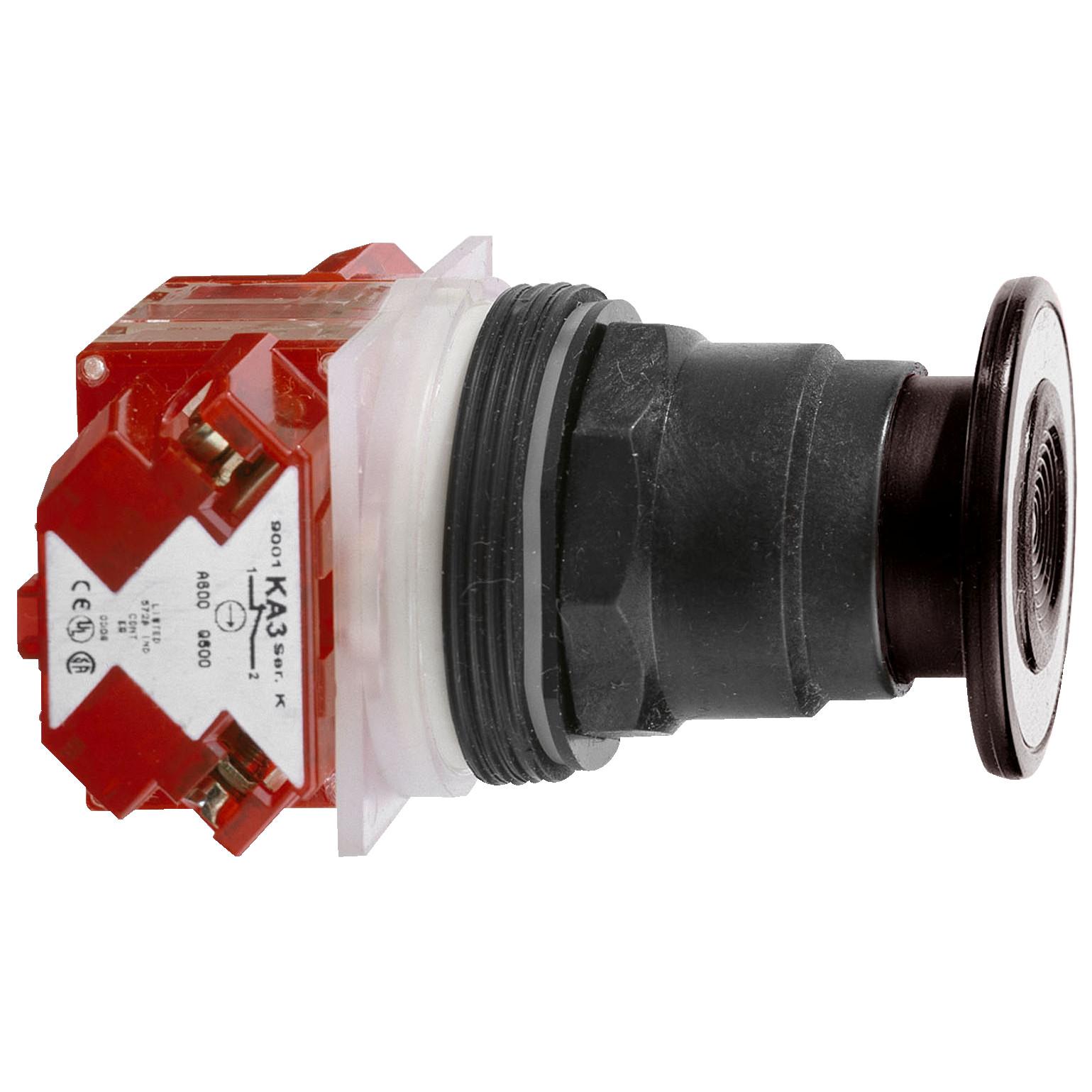 Push-button, Harmony 9001SK, plastic, mushroom 41mm, black, 30mm, 2 positions, push-pull, 1 C/O
