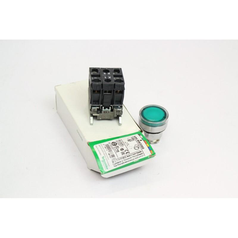 Illuminated push button, Harmony XB4, metal, flush, green, 22mm, spring return, lt 250V, 1NO+1NC