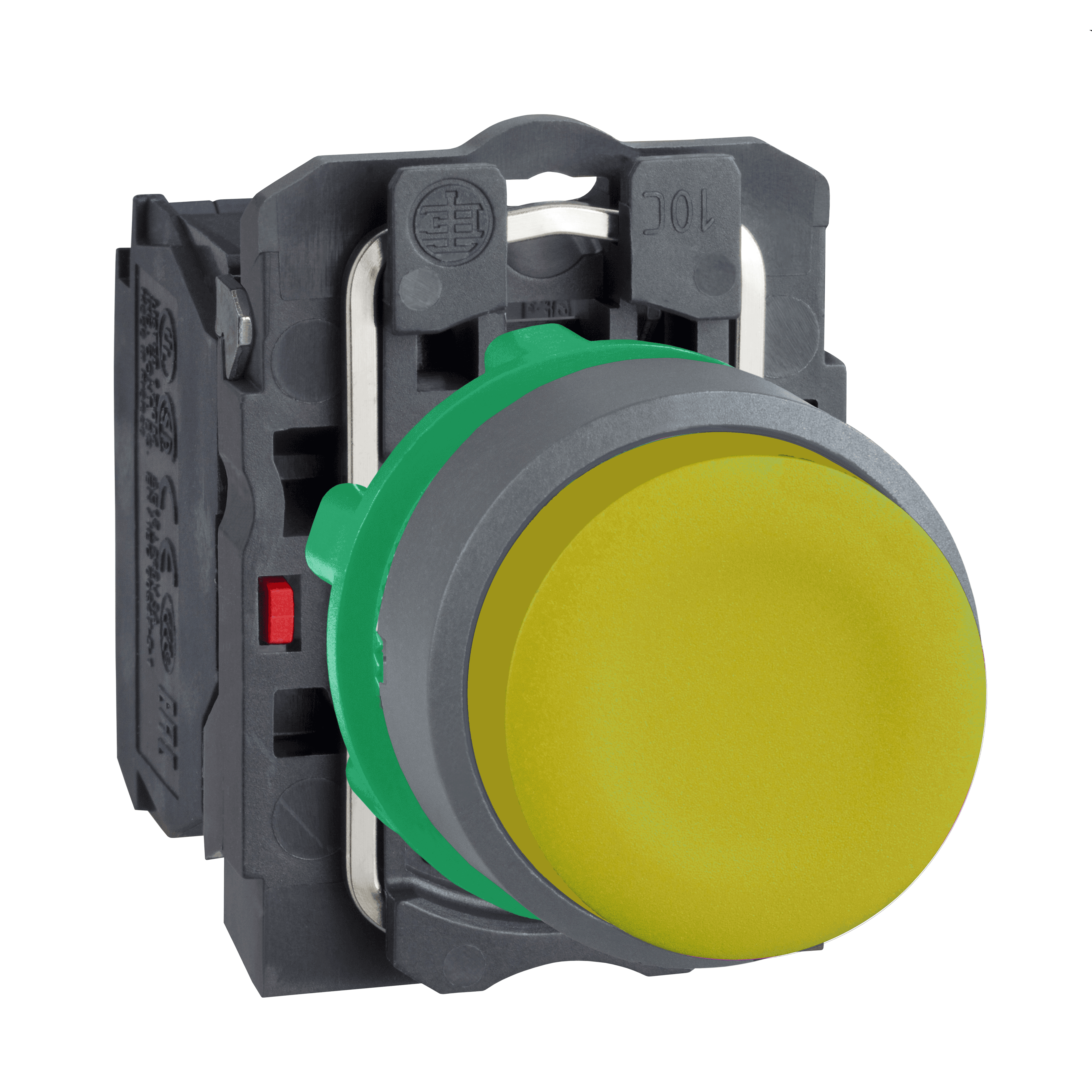 Push button, Harmony XB5, yellow projecting, grey bezel, 22mm, clear boot, spring return, 1NO, unmarked