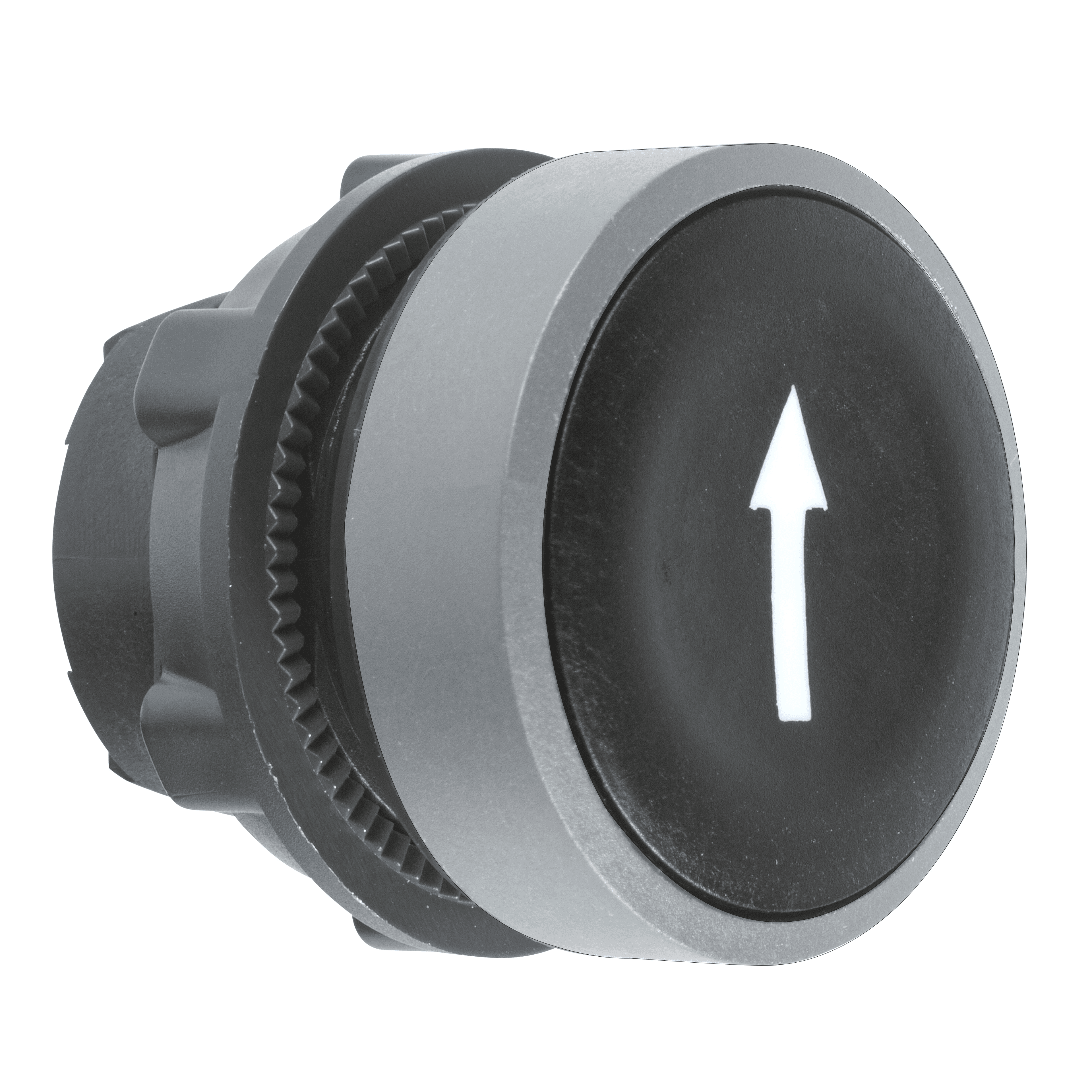 Push button head, Harmony XB5, plastic, flush, black, 22mm, spring return, marked DOWN ARROW, grey bezel