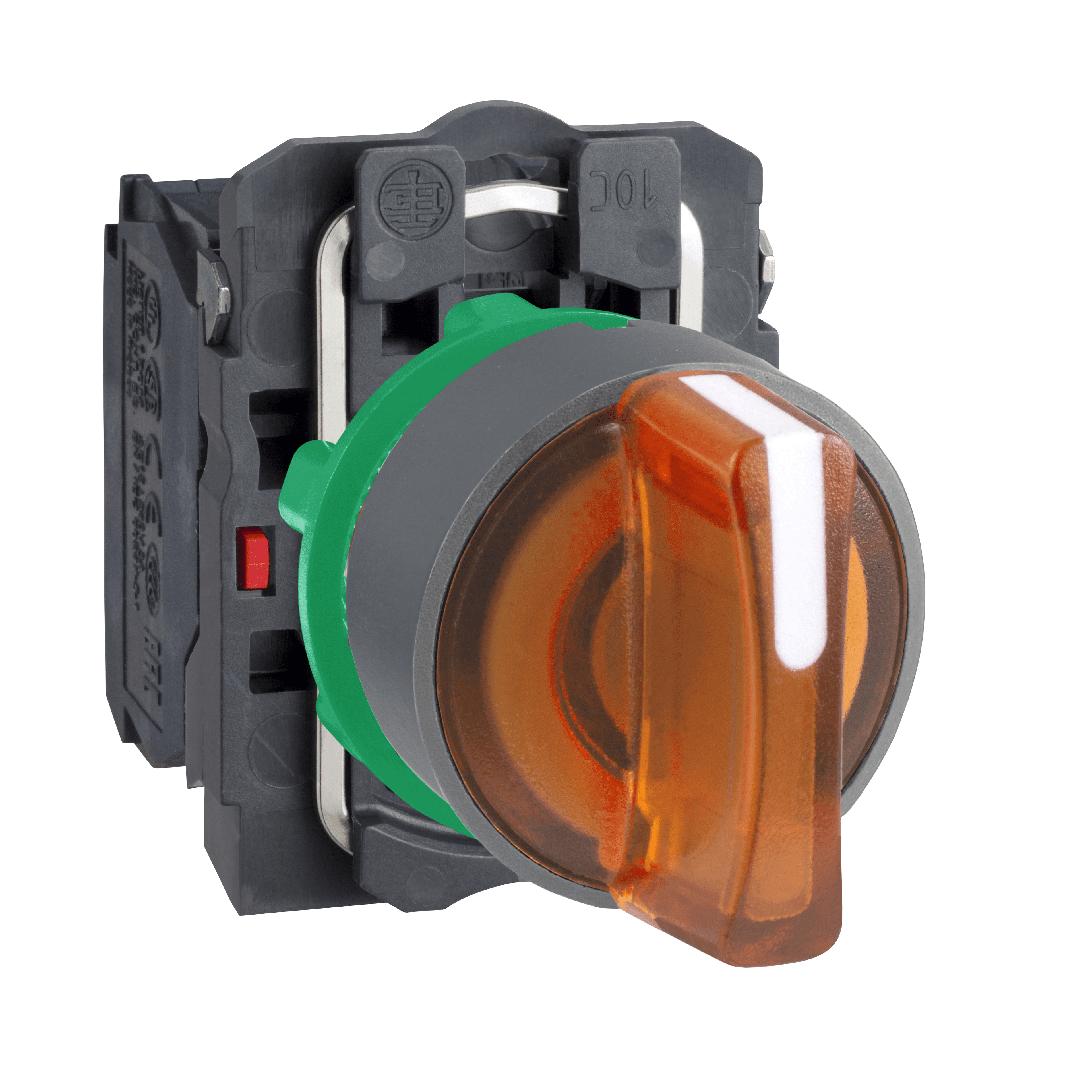 Illuminated selector switch, Harmony XB5, universal LED, grey bezel, yellow handle, 22mm, 3 positions, stay put, 1NO + 1NC, 120V AC DC