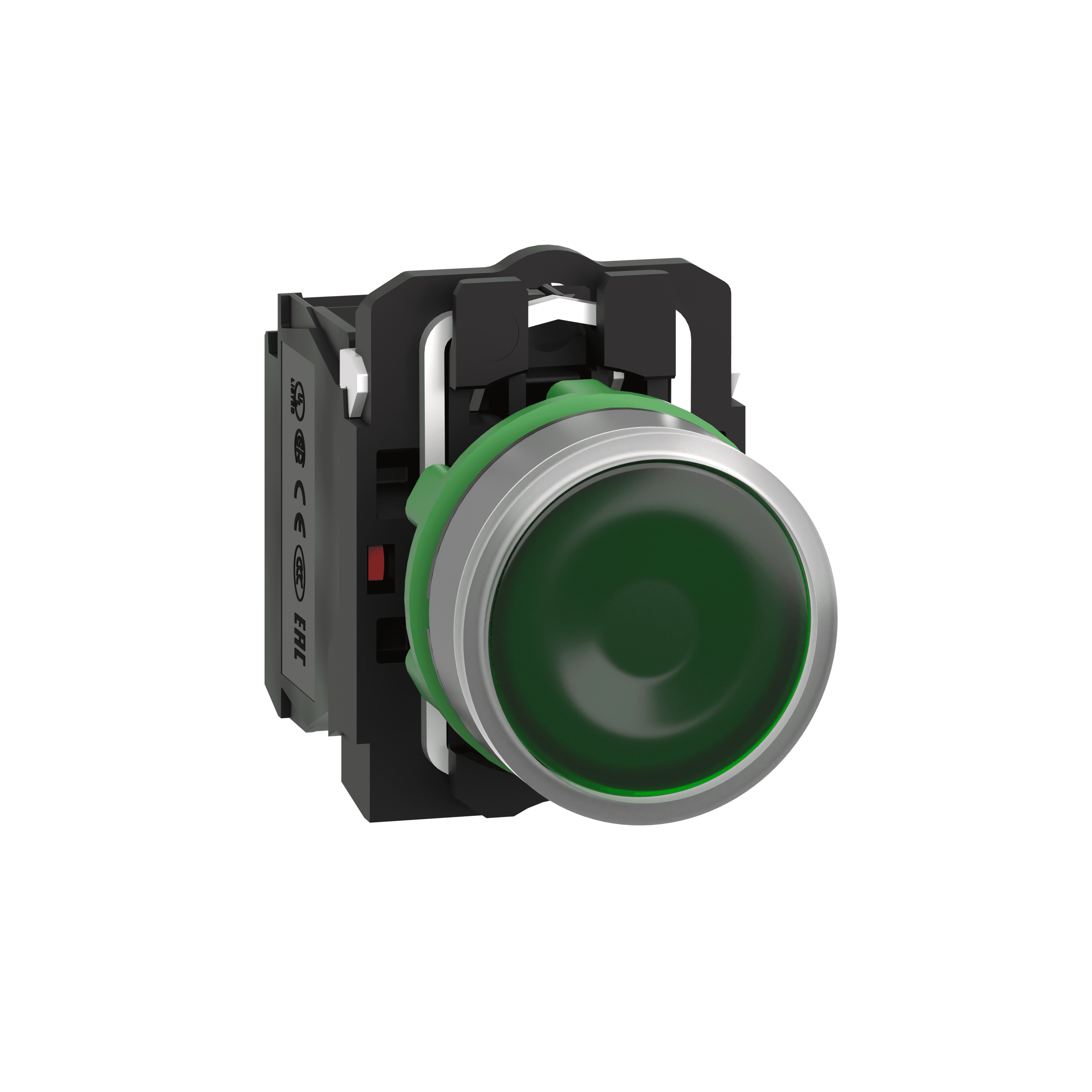 Illuminated push button, Harmony XB5, grey bezel, green flush, 22mm, universal LED, spring return, 1NO + 1NC, 220…240V AC