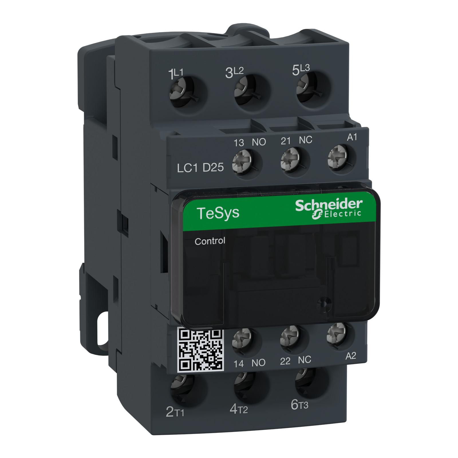 IEC contactor, TeSys Deca, nonreversing, 25A, 15HP at 480VAC, up to 100kA SCCR, 3 phase, 3 NO, 380VAC 50/60Hz coil, open