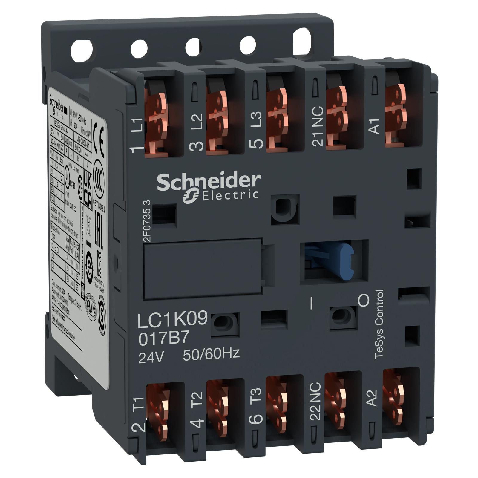 Contactor, TeSys K, 3P, AC-3, lt or eq to 440V 9A, 1 NC aux., 24VAC coil