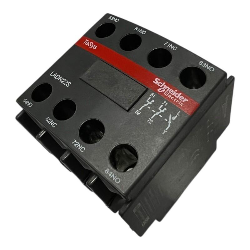 Auxiliary contact block, TeSys Deca, 2NO + 2NC, front mounting, screw clamp terminals, red front face