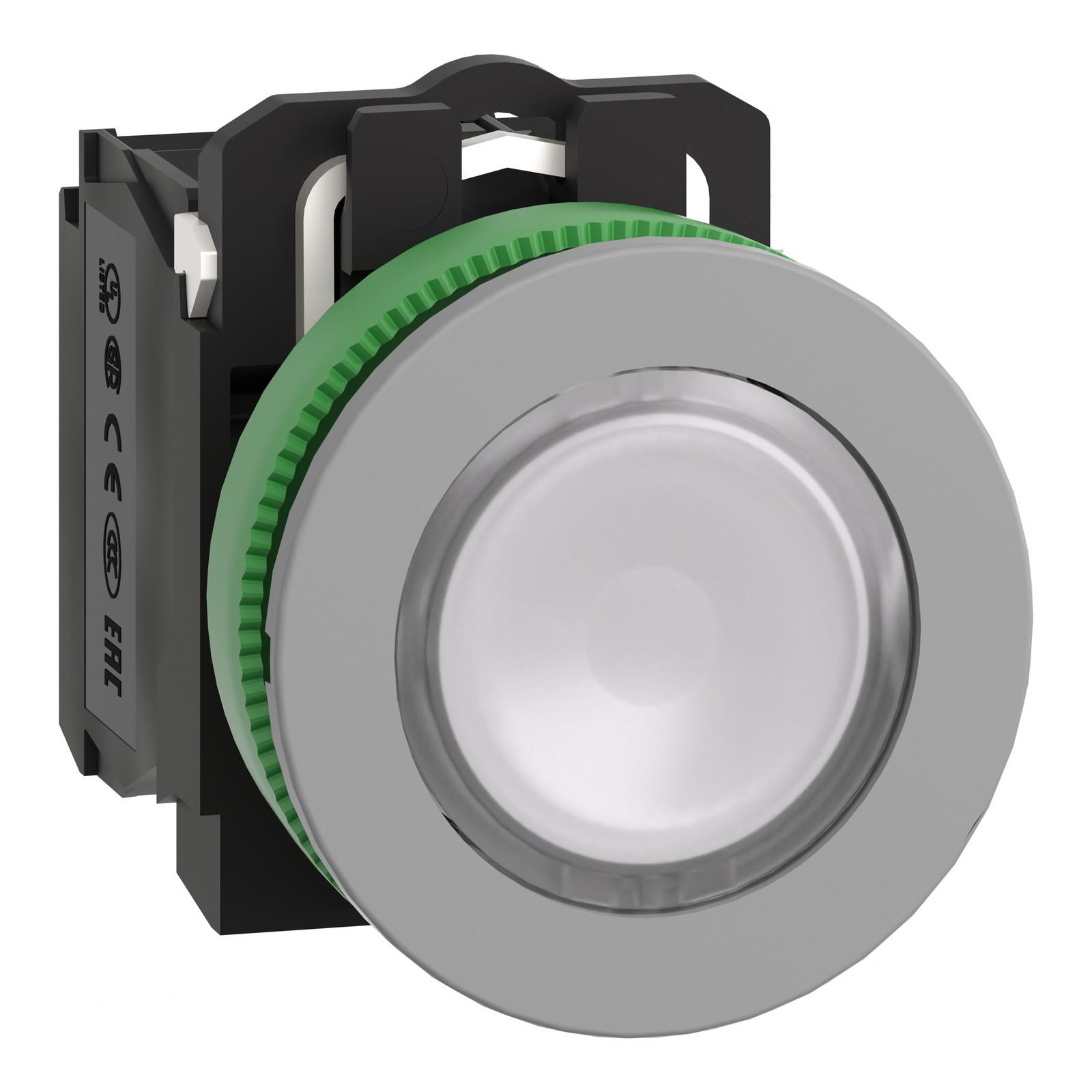 Illuminated push button, Harmony XB5, grey bezel, white flush mounted, 30mm, universal LED, 1NO + 1NC, 24V AC