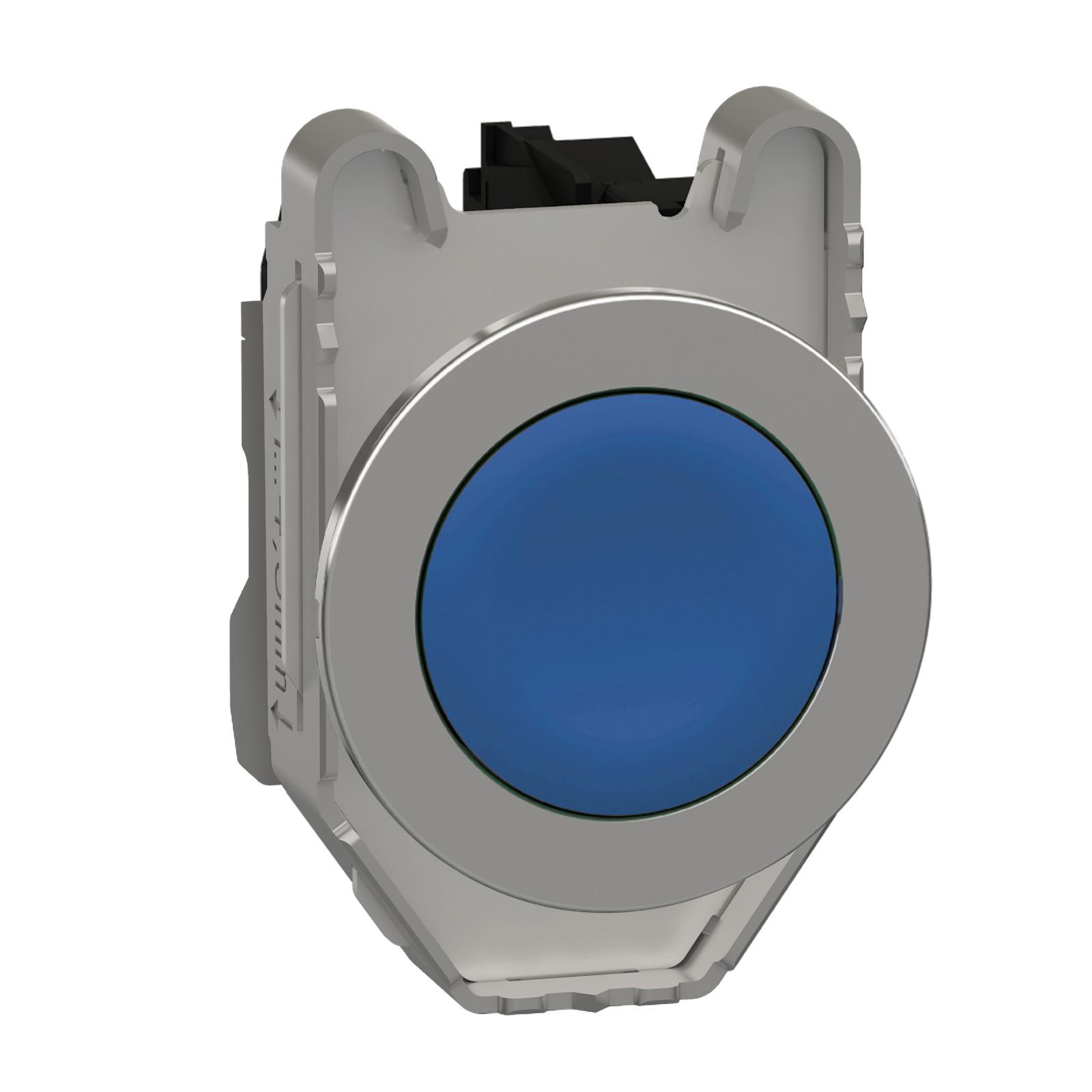 Push button flush mounted, Harmony XB4, metal, blue, 30mm, spring return, unmarked, 1NC