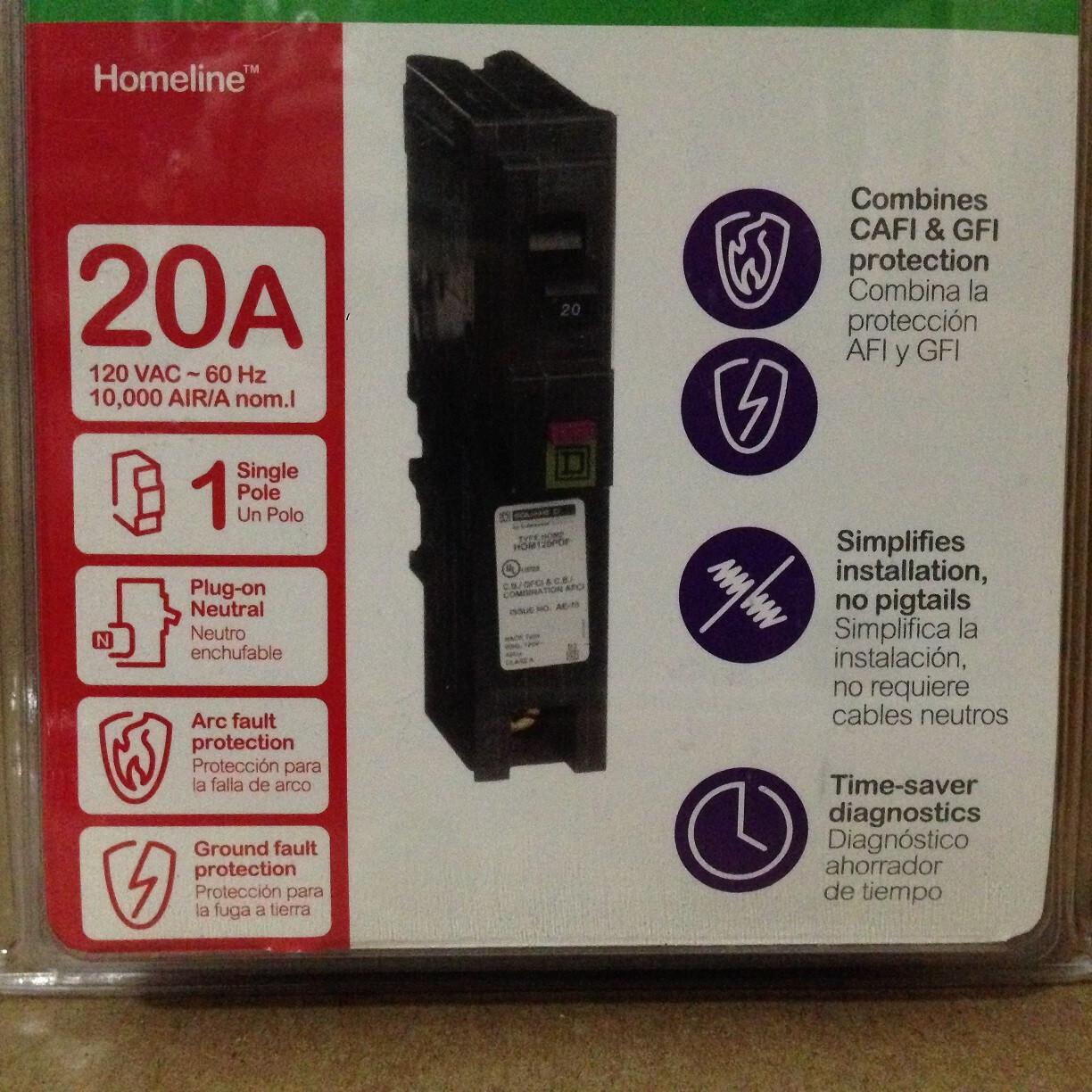 Mini circuit breaker, Homeline, 20A, 1 pole, 120VAC, 10kA AIR, combo ARC/ground fault, plug on neutral, plug in, UL