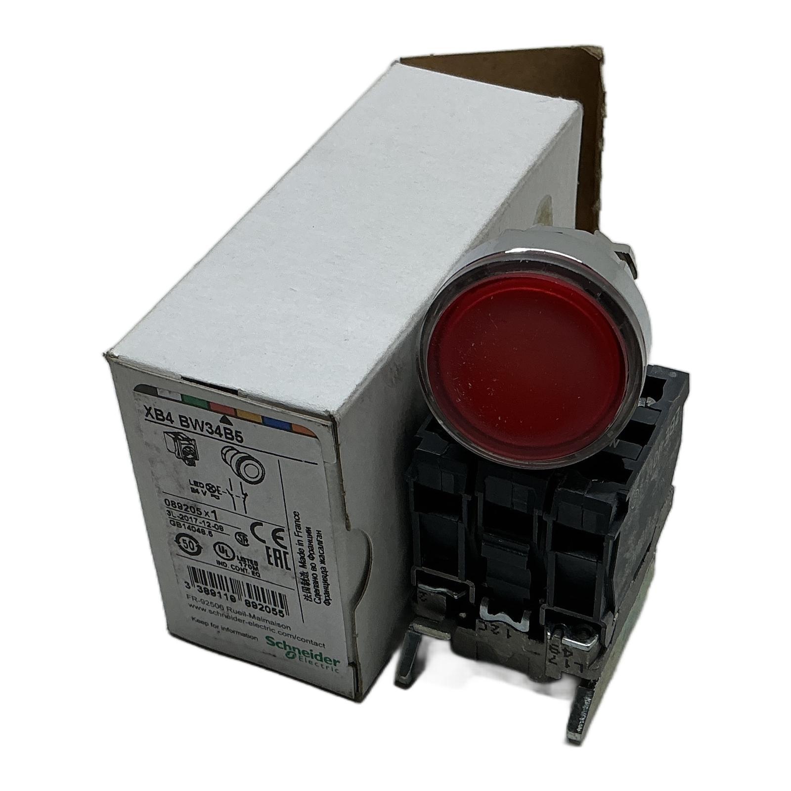 Illuminated push button, Harmony XB4, metal, red flush, 22mm, universal LED, plain lens, 1NO + 1NC, 24V AC DC