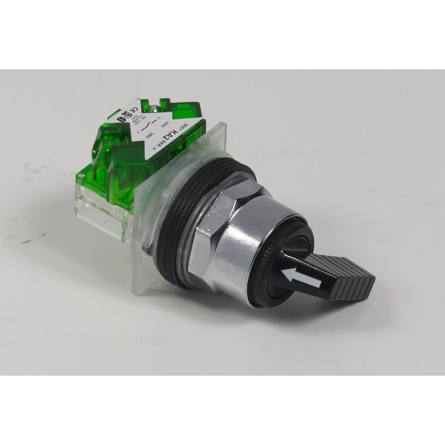 Selector switch, Harmony 9001K, metal, long handle, black, 30mm, 2 positions, stay put, 1 NO